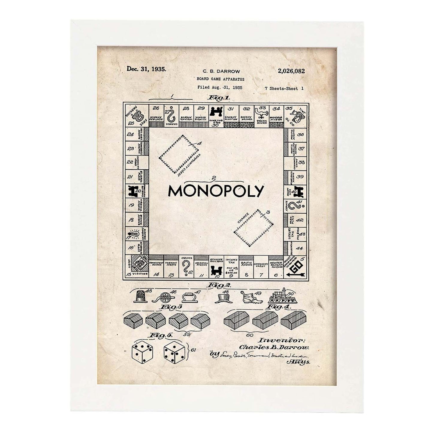 Poster con patente de Monopoly. Lámina con diseño de patente antigua.-Artwork-Nacnic-A3-Marco Blanco-Nacnic Estudio SL