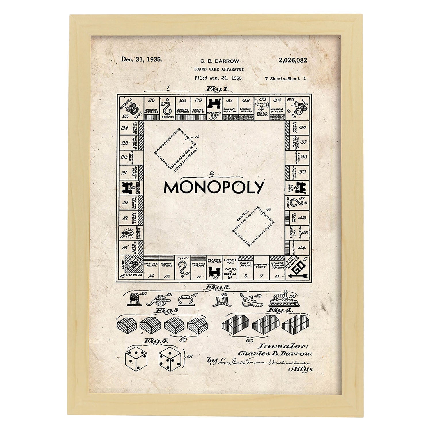 Poster con patente de Monopoly. Lámina con diseño de patente antigua.-Artwork-Nacnic-A3-Marco Madera clara-Nacnic Estudio SL