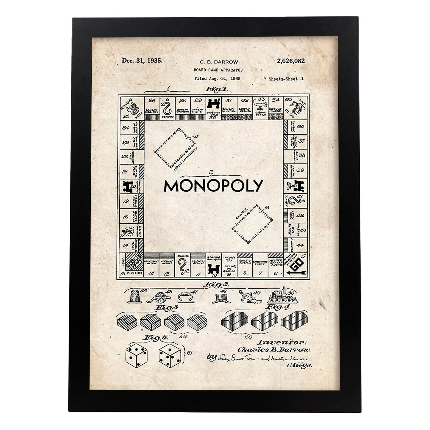 Poster con patente de Monopoly. Lámina con diseño de patente antigua.-Artwork-Nacnic-A3-Marco Negro-Nacnic Estudio SL