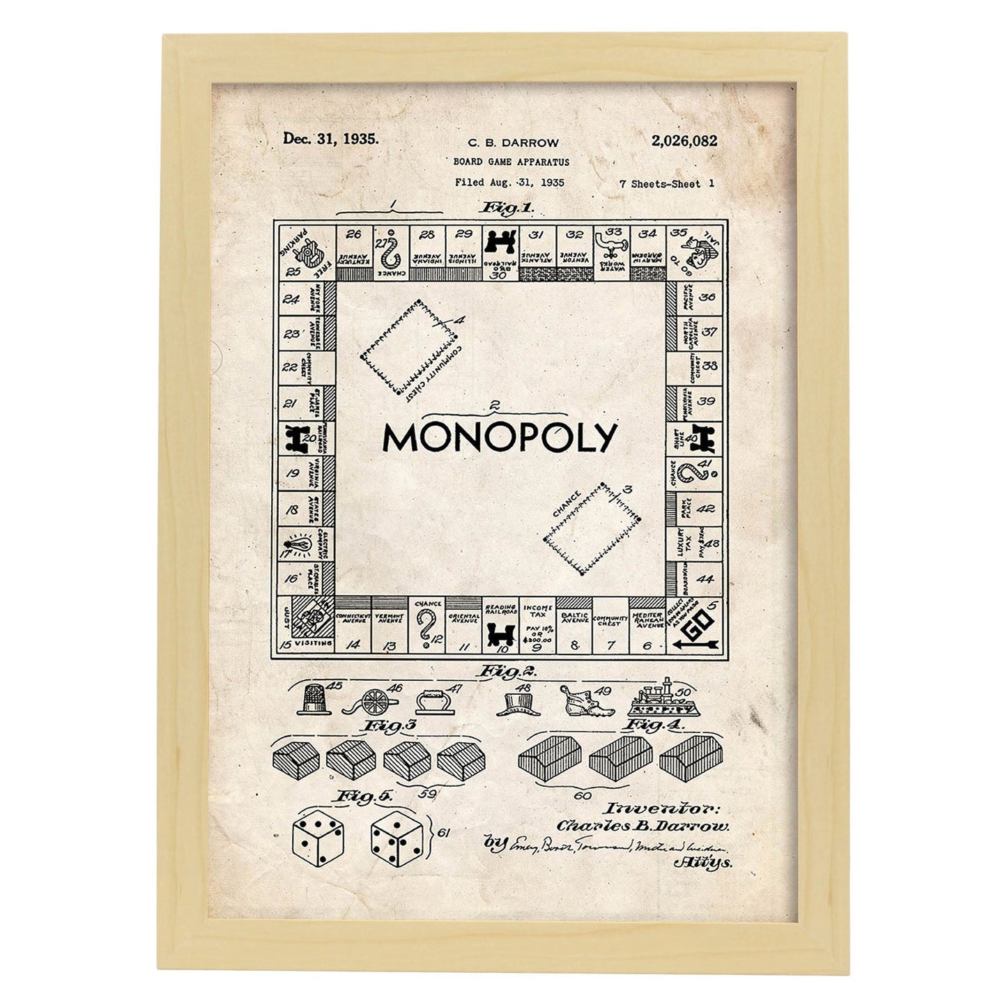 Poster con patente de Monopoly. Lámina con diseño de patente antigua.-Artwork-Nacnic-A4-Marco Madera clara-Nacnic Estudio SL