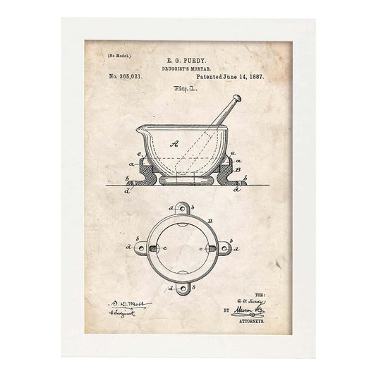 Poster con patente de Mortero de farmacia. Lámina con diseño de patente antigua.-Artwork-Nacnic-A4-Marco Blanco-Nacnic Estudio SL