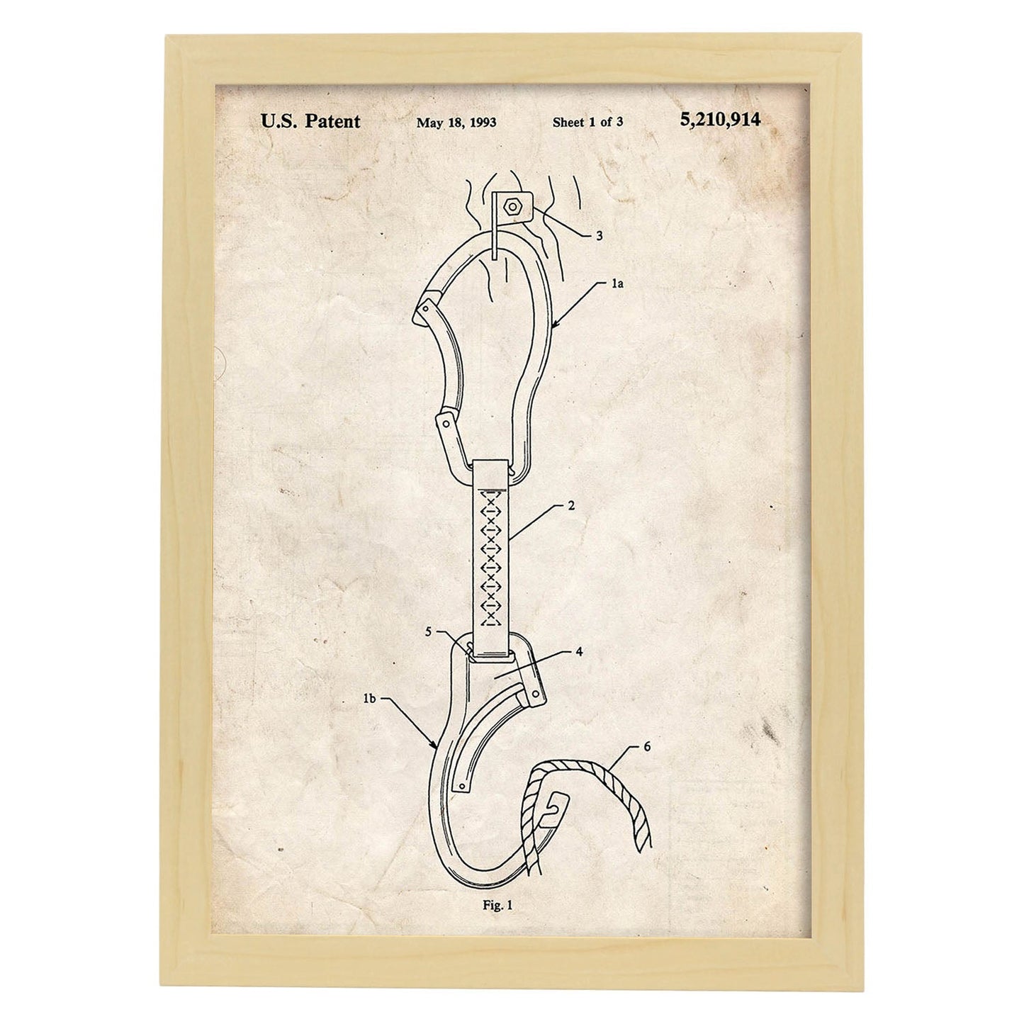 Poster con patente de Mosqueton escalada. Lámina con diseño de patente antigua.-Artwork-Nacnic-A3-Marco Madera clara-Nacnic Estudio SL