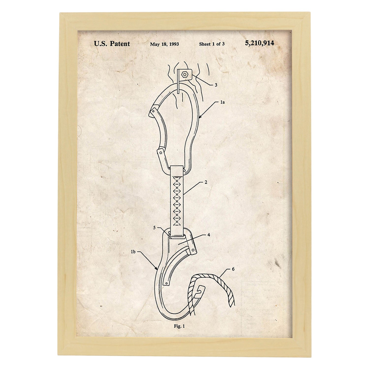 Poster con patente de Mosqueton escalada. Lámina con diseño de patente antigua.-Artwork-Nacnic-A3-Marco Madera clara-Nacnic Estudio SL