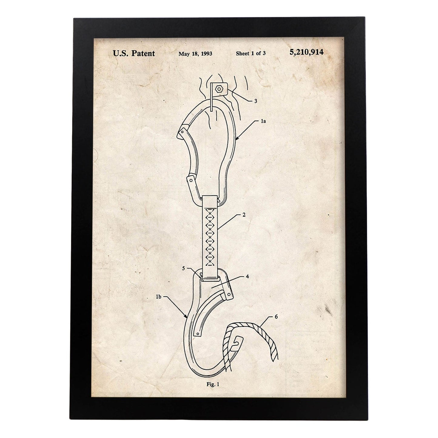 Poster con patente de Mosqueton escalada. Lámina con diseño de patente antigua.-Artwork-Nacnic-A4-Marco Negro-Nacnic Estudio SL