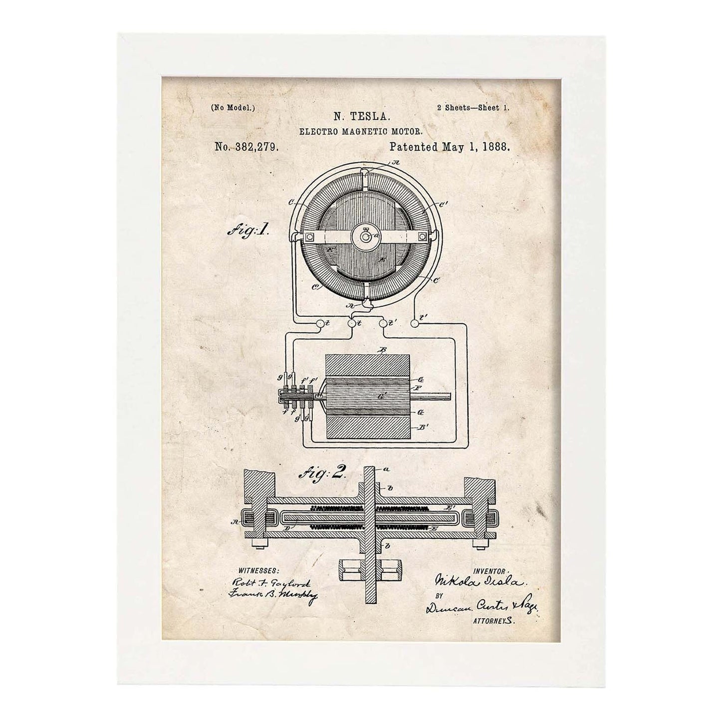 Poster con patente de Motor magnetico. Lámina con diseño de patente antigua.-Artwork-Nacnic-A3-Marco Blanco-Nacnic Estudio SL