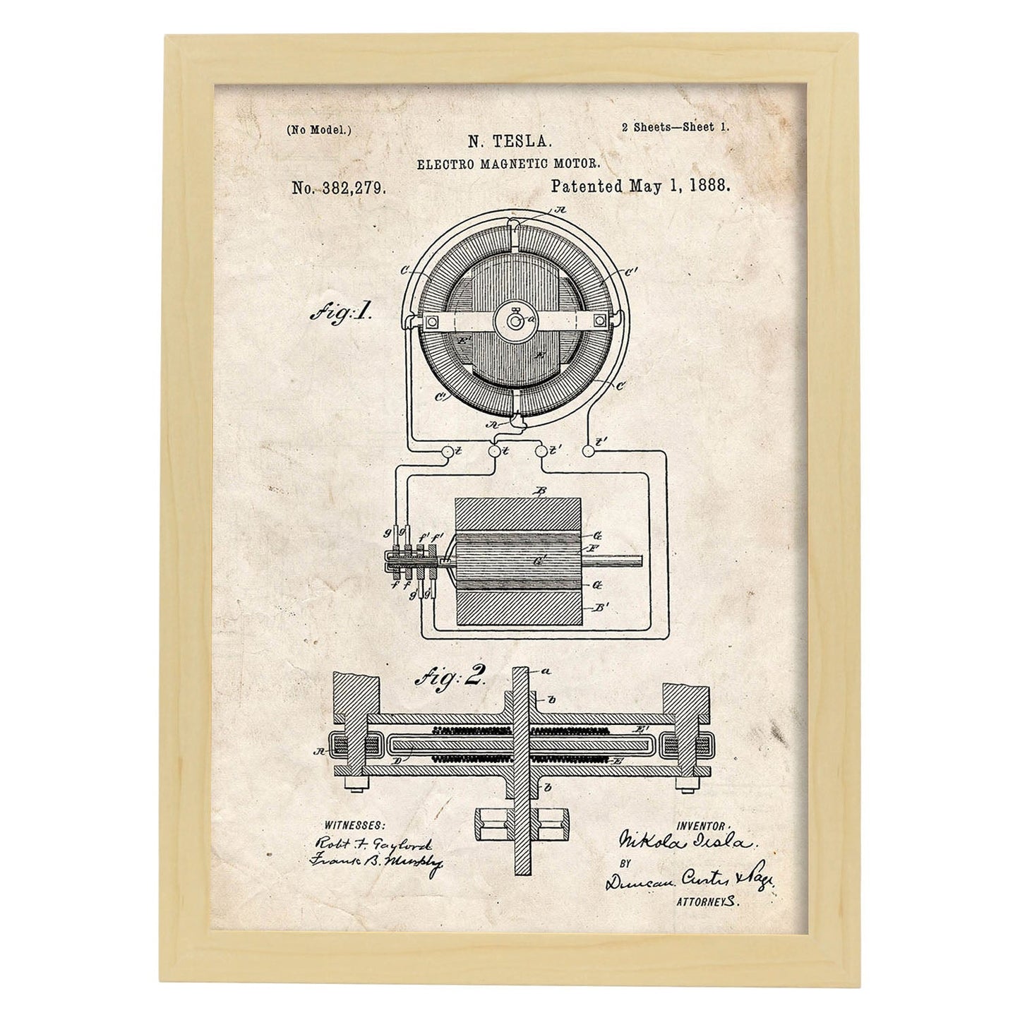Poster con patente de Motor magnetico. Lámina con diseño de patente antigua.-Artwork-Nacnic-A3-Marco Madera clara-Nacnic Estudio SL