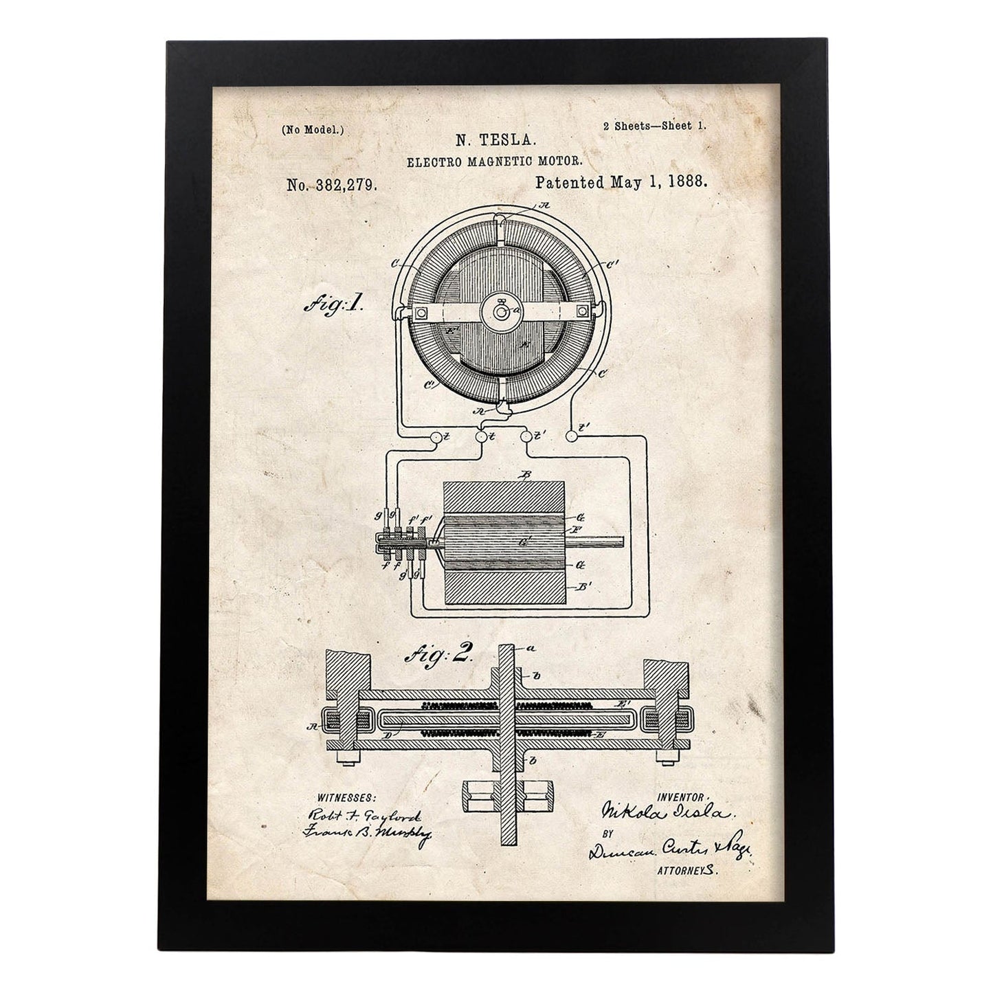 Poster con patente de Motor magnetico. Lámina con diseño de patente antigua.-Artwork-Nacnic-A3-Marco Negro-Nacnic Estudio SL