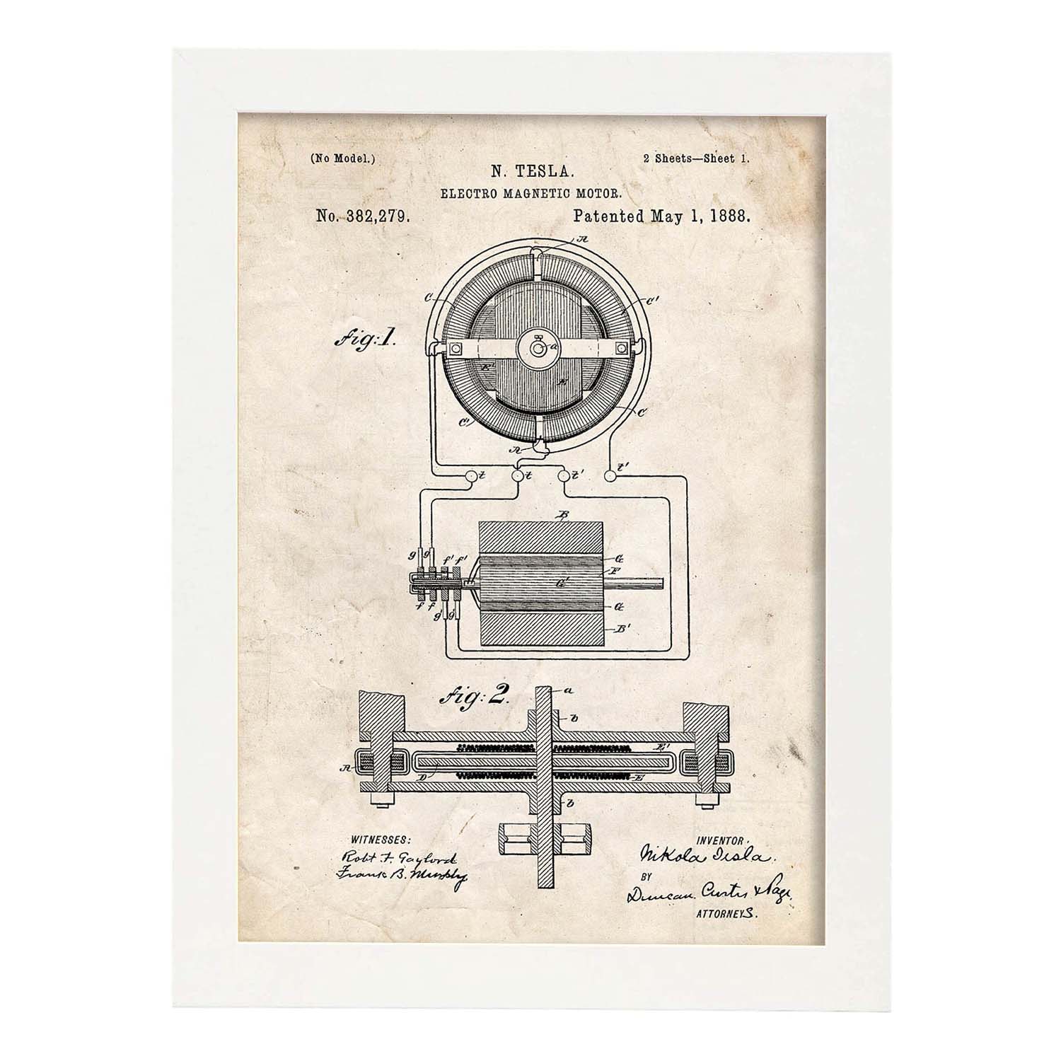 Poster con patente de Motor magnetico. Lámina con diseño de patente antigua.-Artwork-Nacnic-A4-Marco Blanco-Nacnic Estudio SL