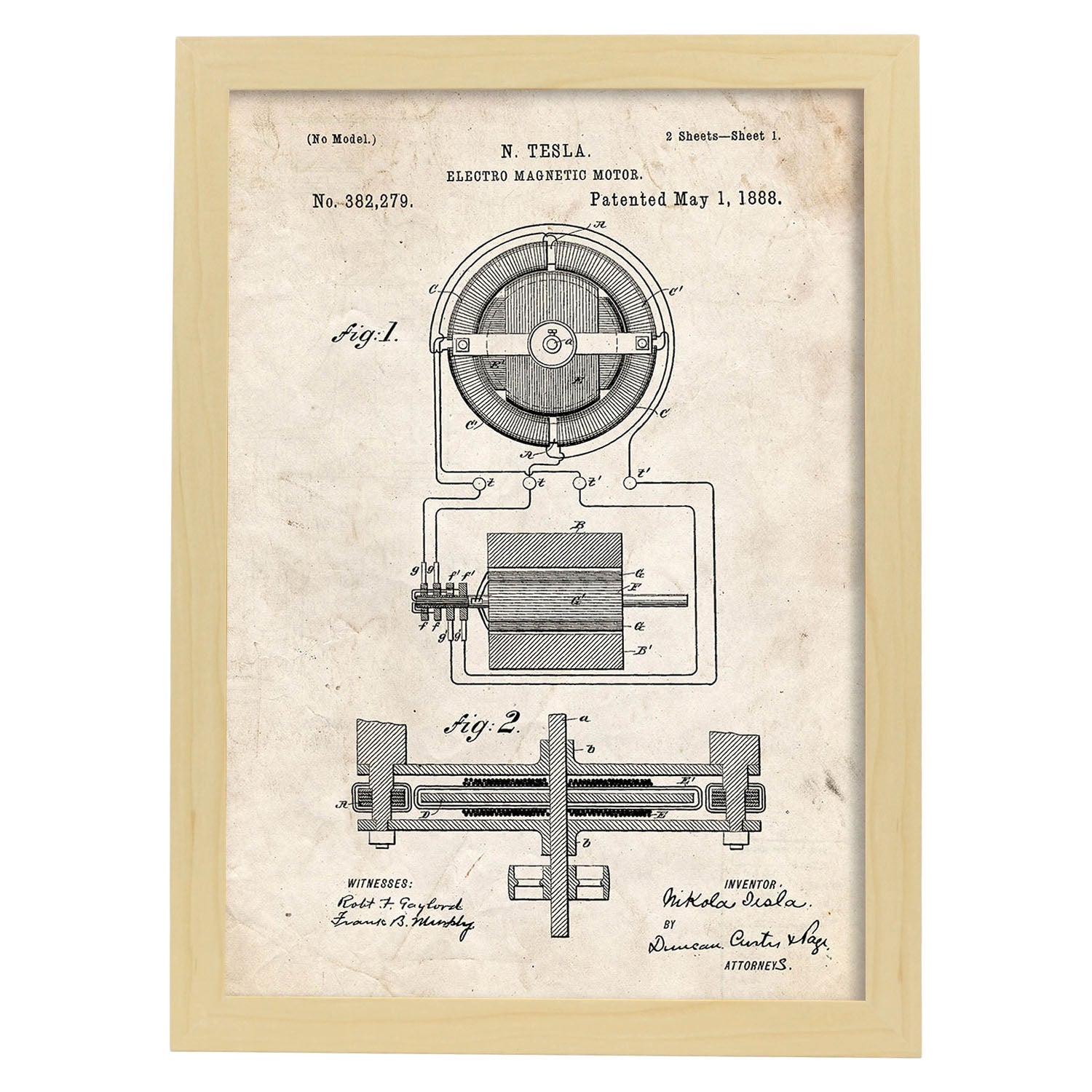Poster con patente de Motor magnetico. Lámina con diseño de patente antigua.-Artwork-Nacnic-A4-Marco Madera clara-Nacnic Estudio SL