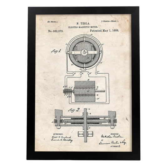 Poster con patente de Motor magnetico. Lámina con diseño de patente antigua.-Artwork-Nacnic-A4-Marco Negro-Nacnic Estudio SL