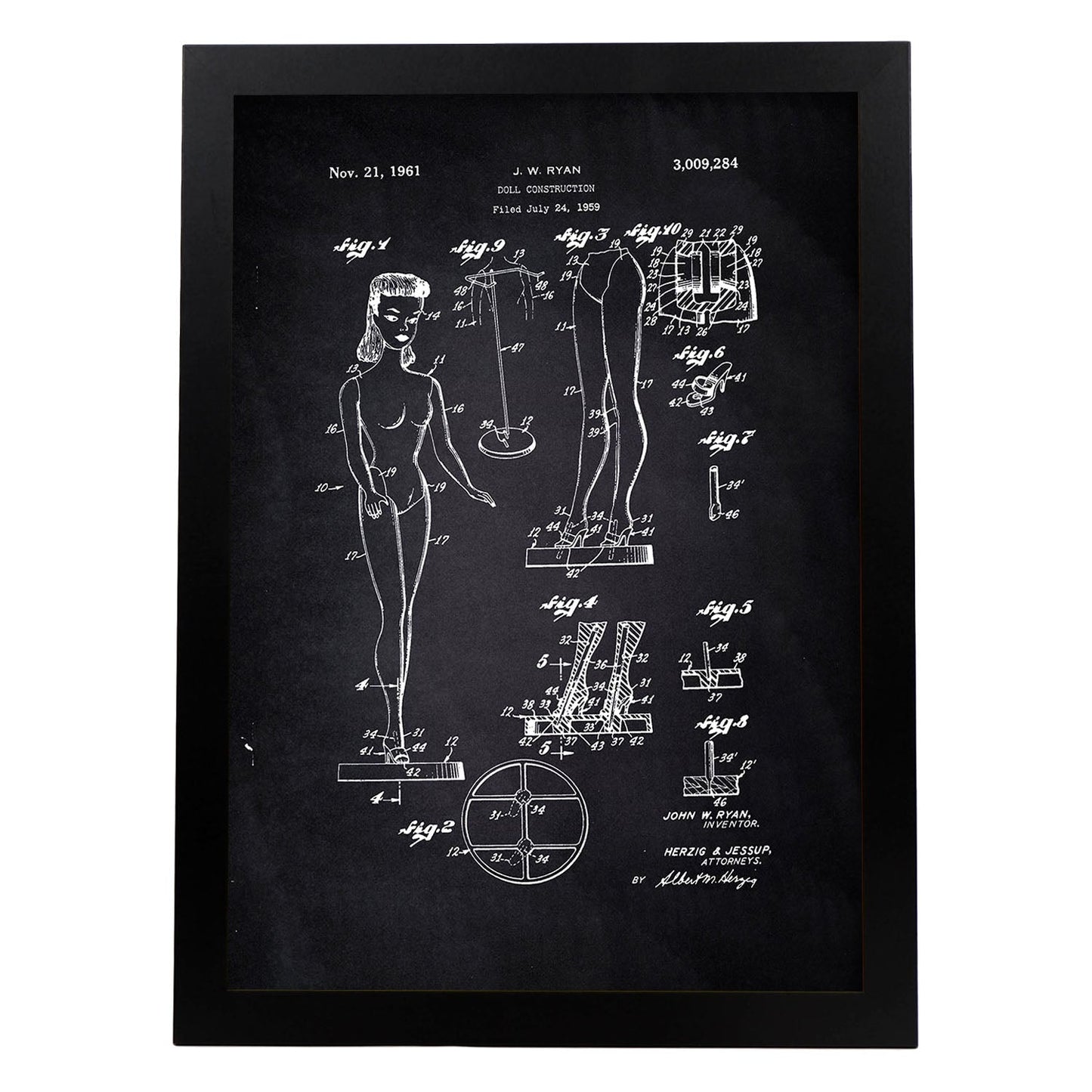 Poster con patente de Muñeca infantil. Lámina con diseño de patente antigua-Artwork-Nacnic-A3-Marco Negro-Nacnic Estudio SL