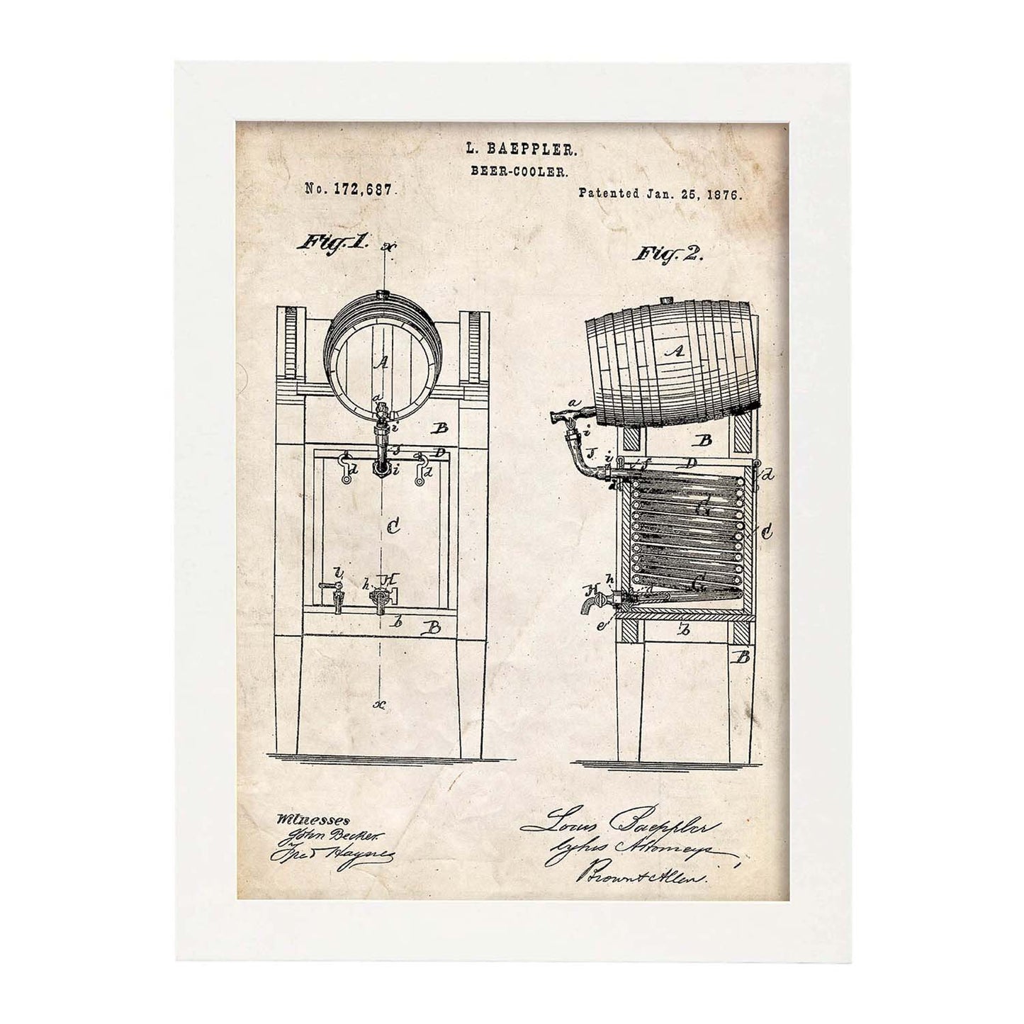 Poster con patente de Nevera cerveza. Lámina con diseño de patente antigua.-Artwork-Nacnic-A3-Marco Blanco-Nacnic Estudio SL