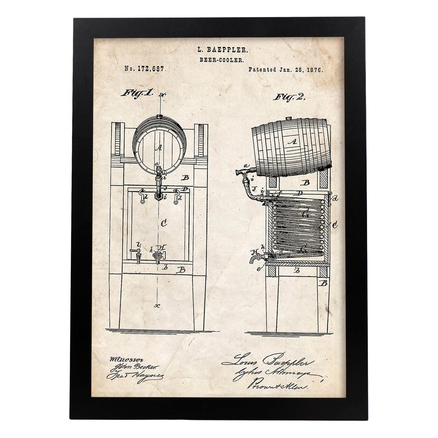 Poster con patente de Nevera cerveza. Lámina con diseño de patente antigua.-Artwork-Nacnic-A4-Marco Negro-Nacnic Estudio SL