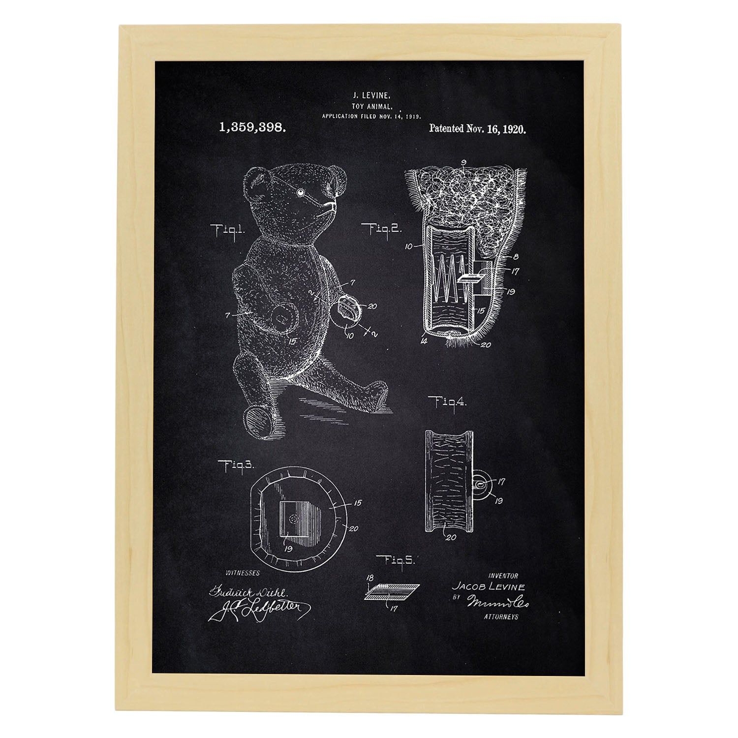 Poster con patente de Osito de peluche. Lámina con diseño de patente antigua-Artwork-Nacnic-A3-Marco Madera clara-Nacnic Estudio SL