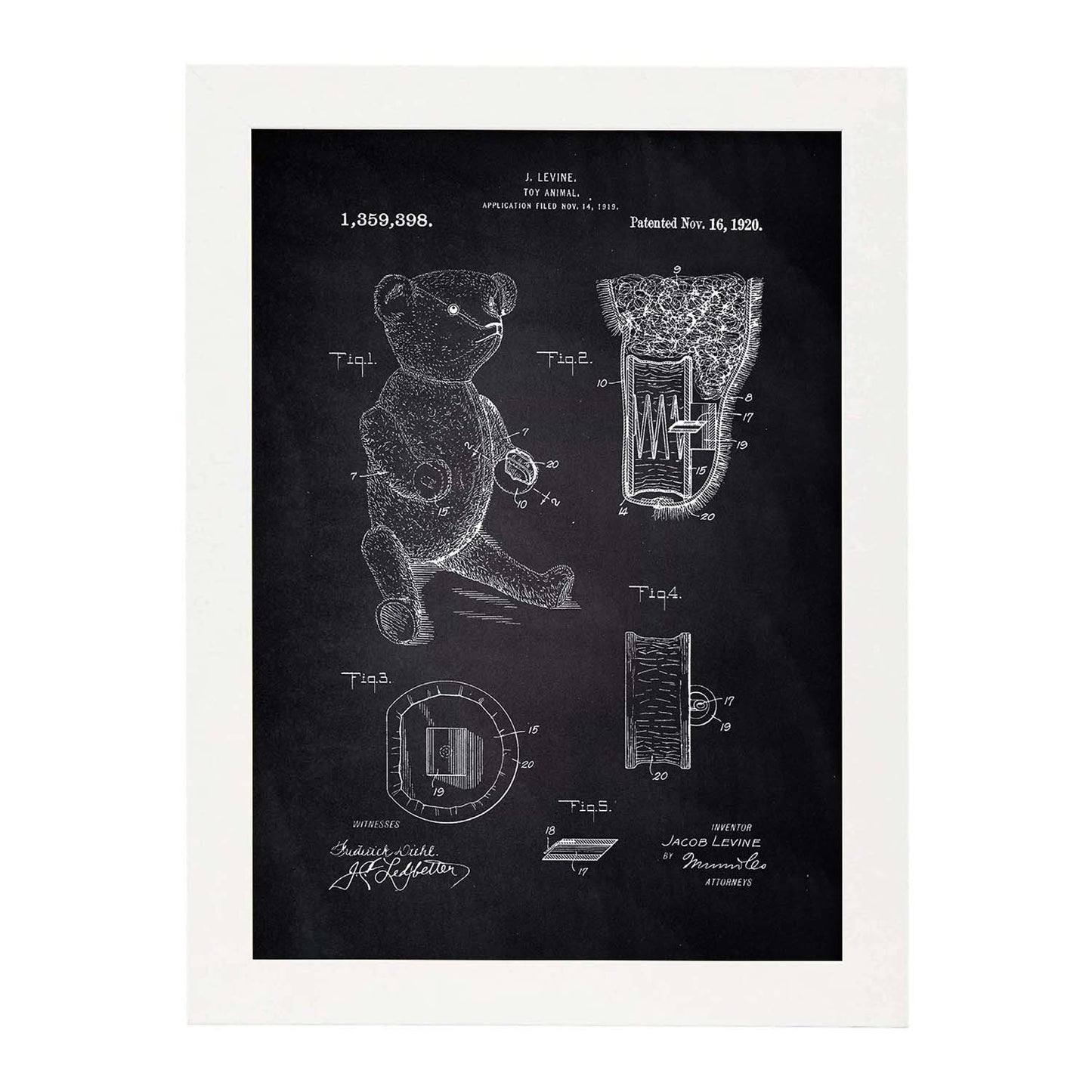 Poster con patente de Osito de peluche. Lámina con diseño de patente antigua-Artwork-Nacnic-A4-Marco Blanco-Nacnic Estudio SL