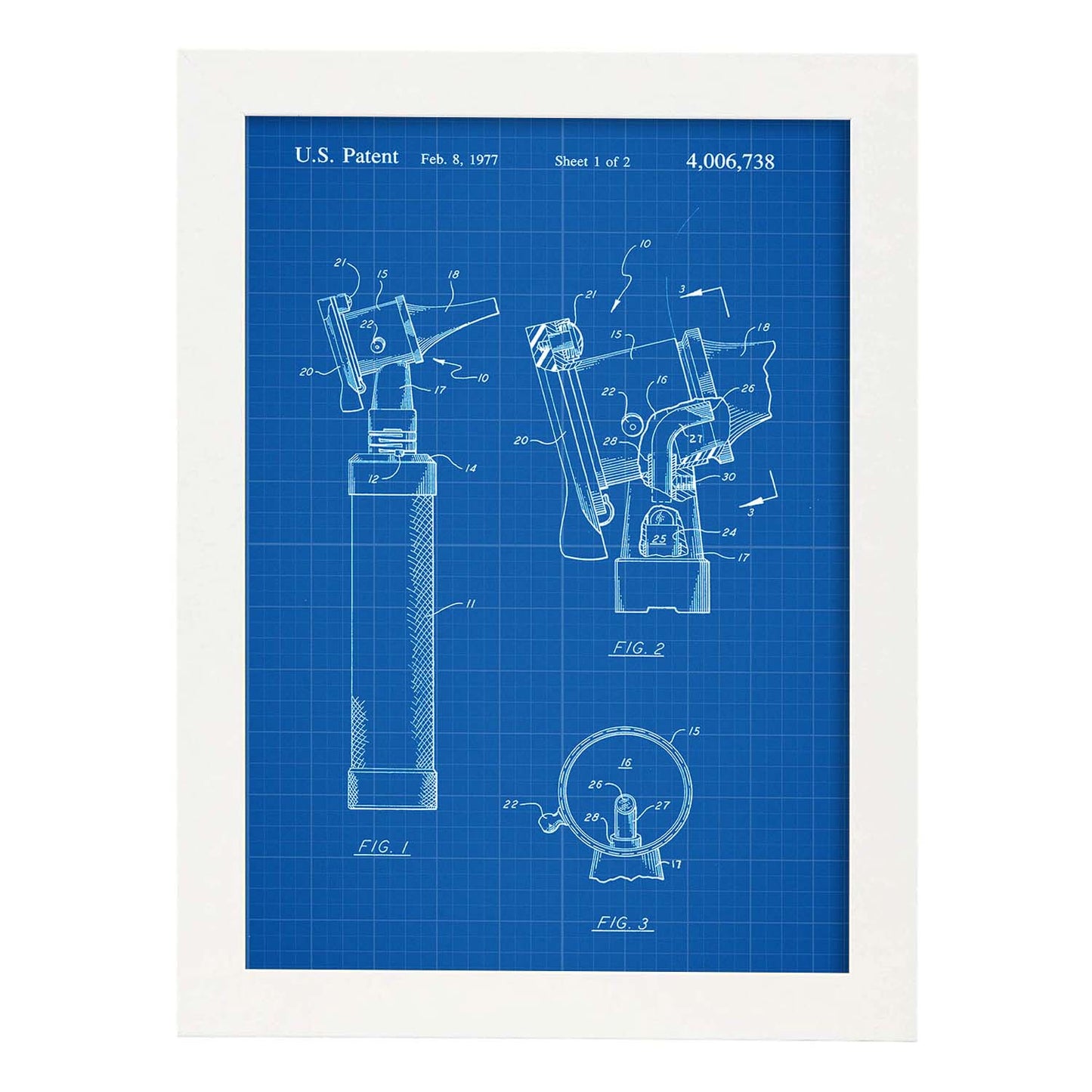 Poster con patente de Otoscopio. Lámina con diseño de patente antigua-Artwork-Nacnic-A4-Marco Blanco-Nacnic Estudio SL