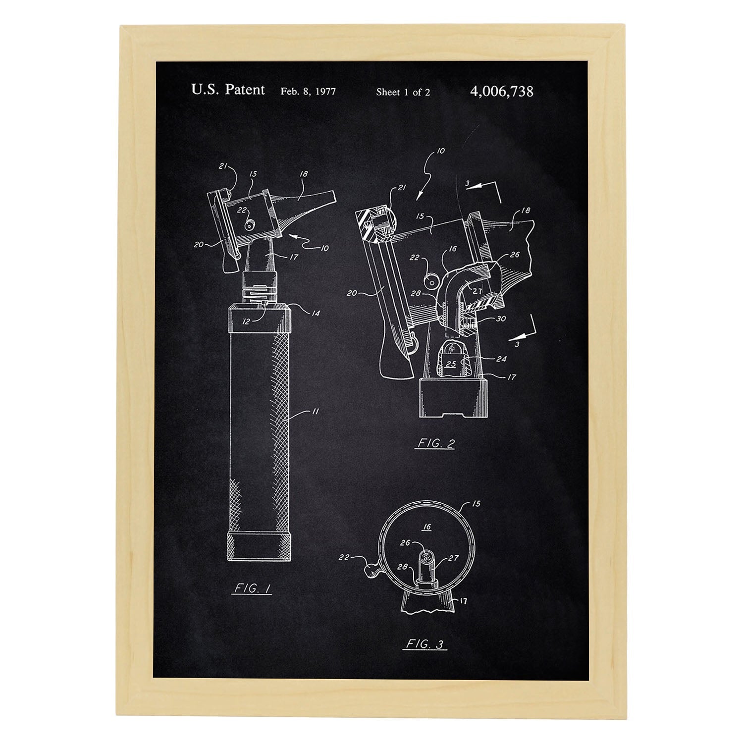 Poster con patente de Otoscopio. Lámina con diseño de patente antigua-Artwork-Nacnic-A4-Marco Madera clara-Nacnic Estudio SL