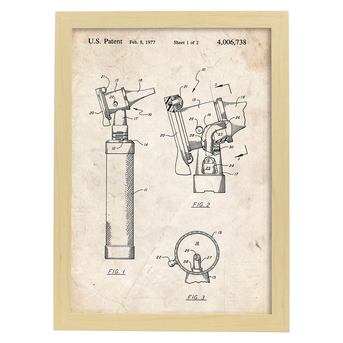 Poster con patente de Otoscopio. Lámina con diseño de patente antigua.-Artwork-Nacnic-A3-Marco Madera clara-Nacnic Estudio SL