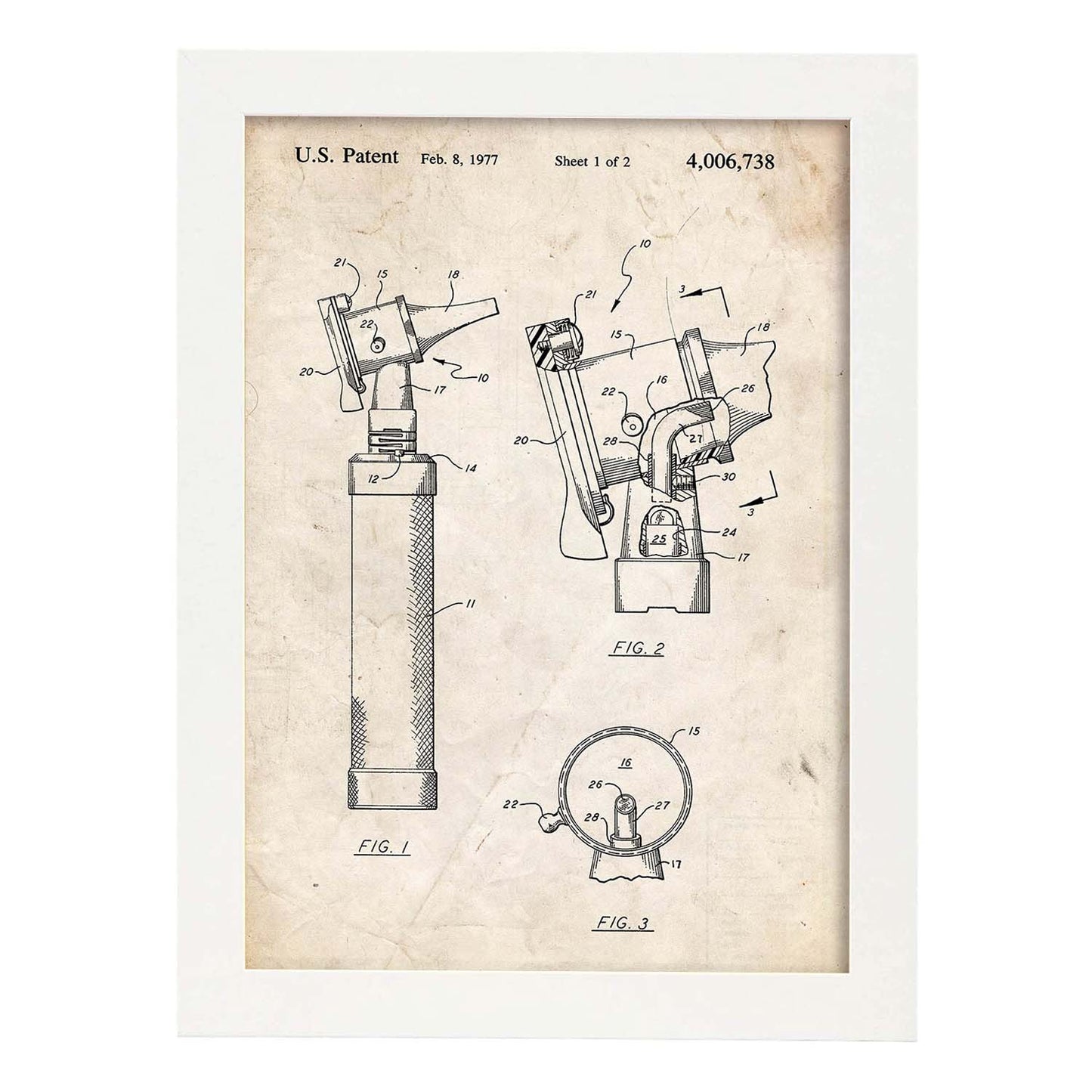 Poster con patente de Otoscopio. Lámina con diseño de patente antigua.-Artwork-Nacnic-A4-Marco Blanco-Nacnic Estudio SL
