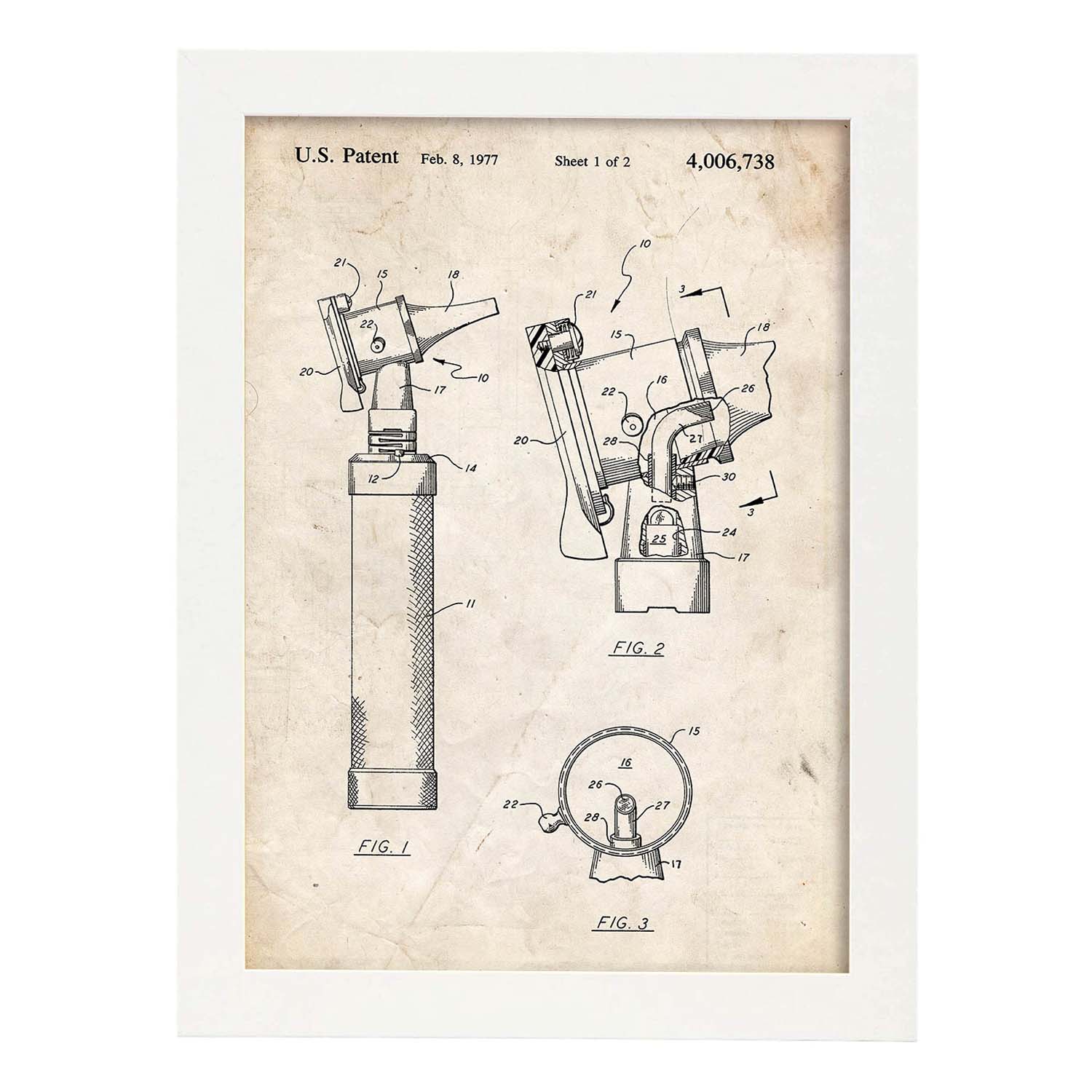 Poster con patente de Otoscopio. Lámina con diseño de patente antigua.-Artwork-Nacnic-A4-Marco Blanco-Nacnic Estudio SL