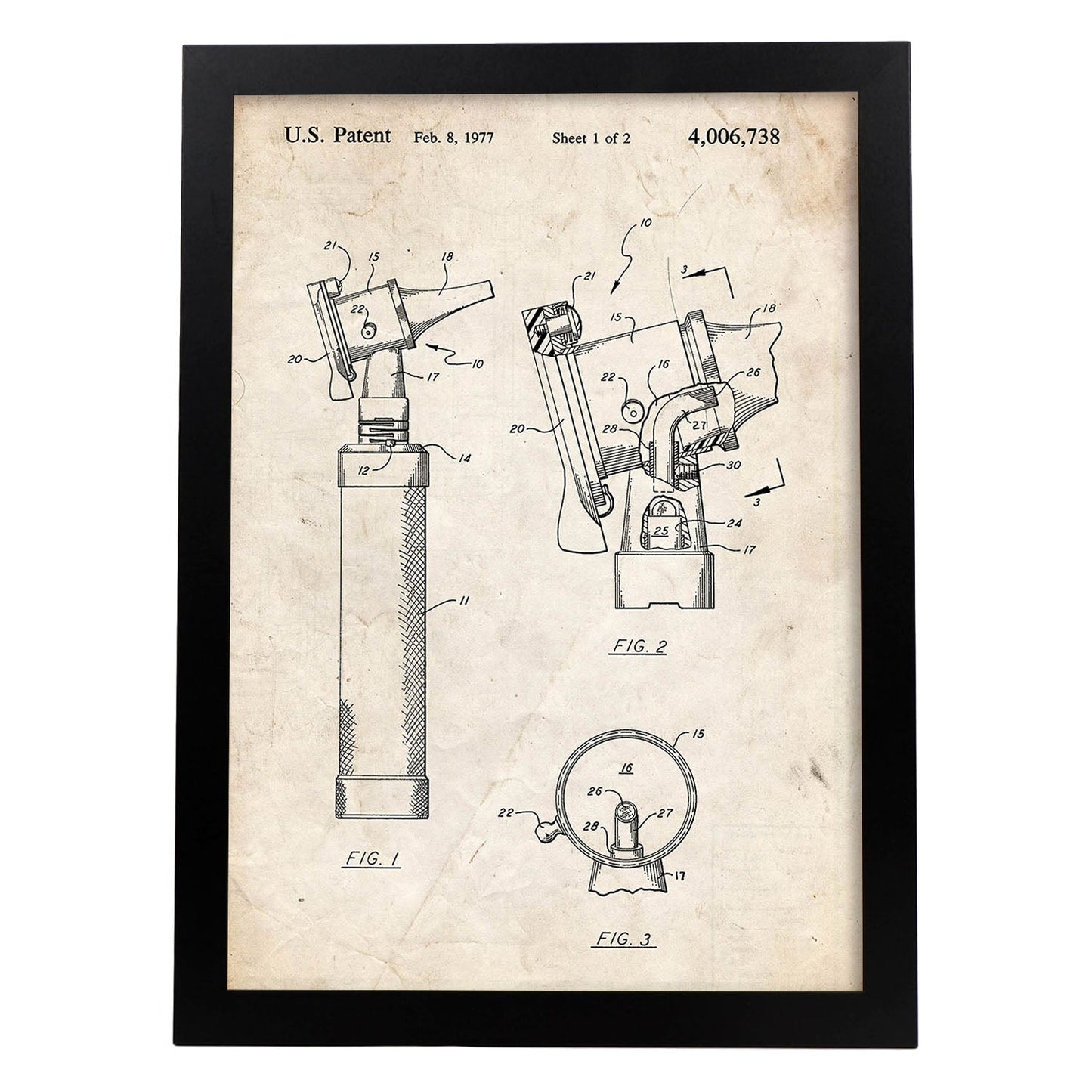 Poster con patente de Otoscopio. Lámina con diseño de patente antigua.-Artwork-Nacnic-A4-Marco Negro-Nacnic Estudio SL