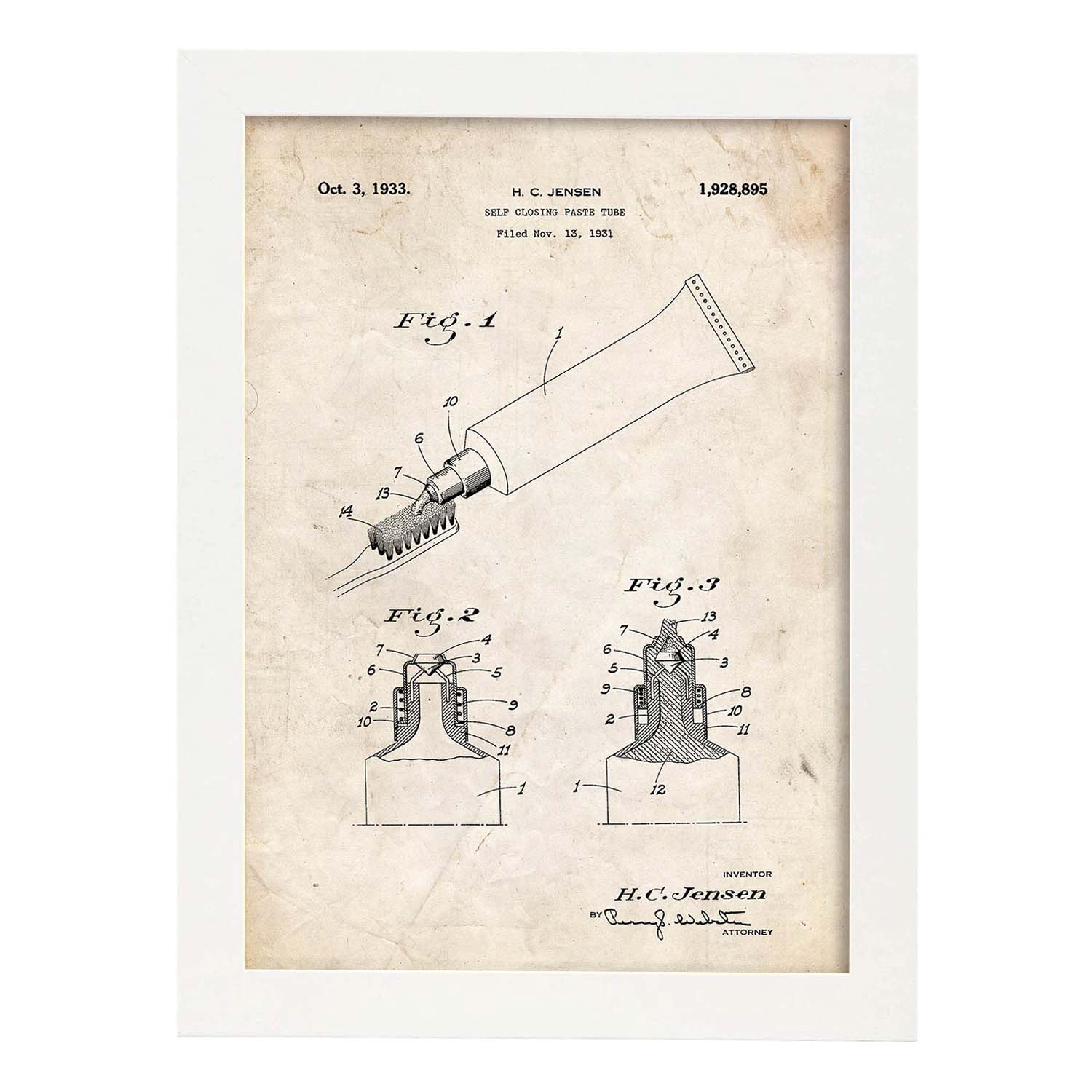 Poster con patente de Pasta de dientes. Lámina con diseño de patente antigua.-Artwork-Nacnic-A3-Marco Blanco-Nacnic Estudio SL