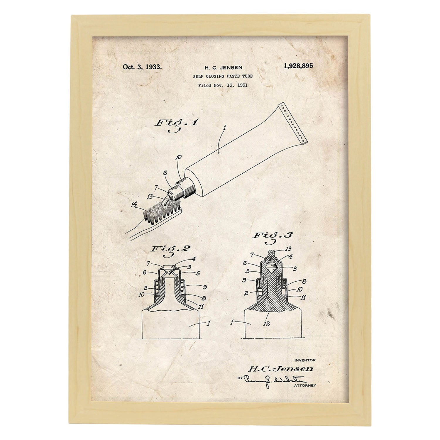 Poster con patente de Pasta de dientes. Lámina con diseño de patente antigua.-Artwork-Nacnic-A3-Marco Madera clara-Nacnic Estudio SL
