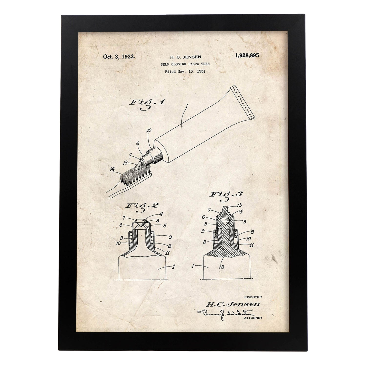 Poster con patente de Pasta de dientes. Lámina con diseño de patente antigua.-Artwork-Nacnic-A3-Marco Negro-Nacnic Estudio SL