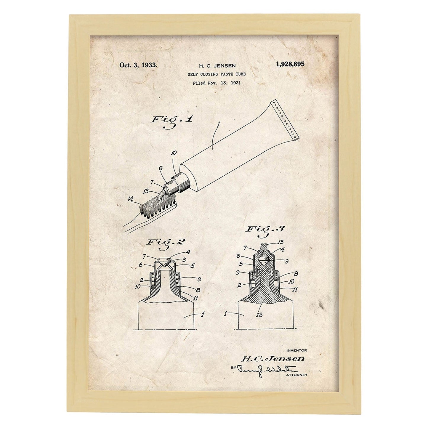 Poster con patente de Pasta de dientes. Lámina con diseño de patente antigua.-Artwork-Nacnic-A4-Marco Madera clara-Nacnic Estudio SL