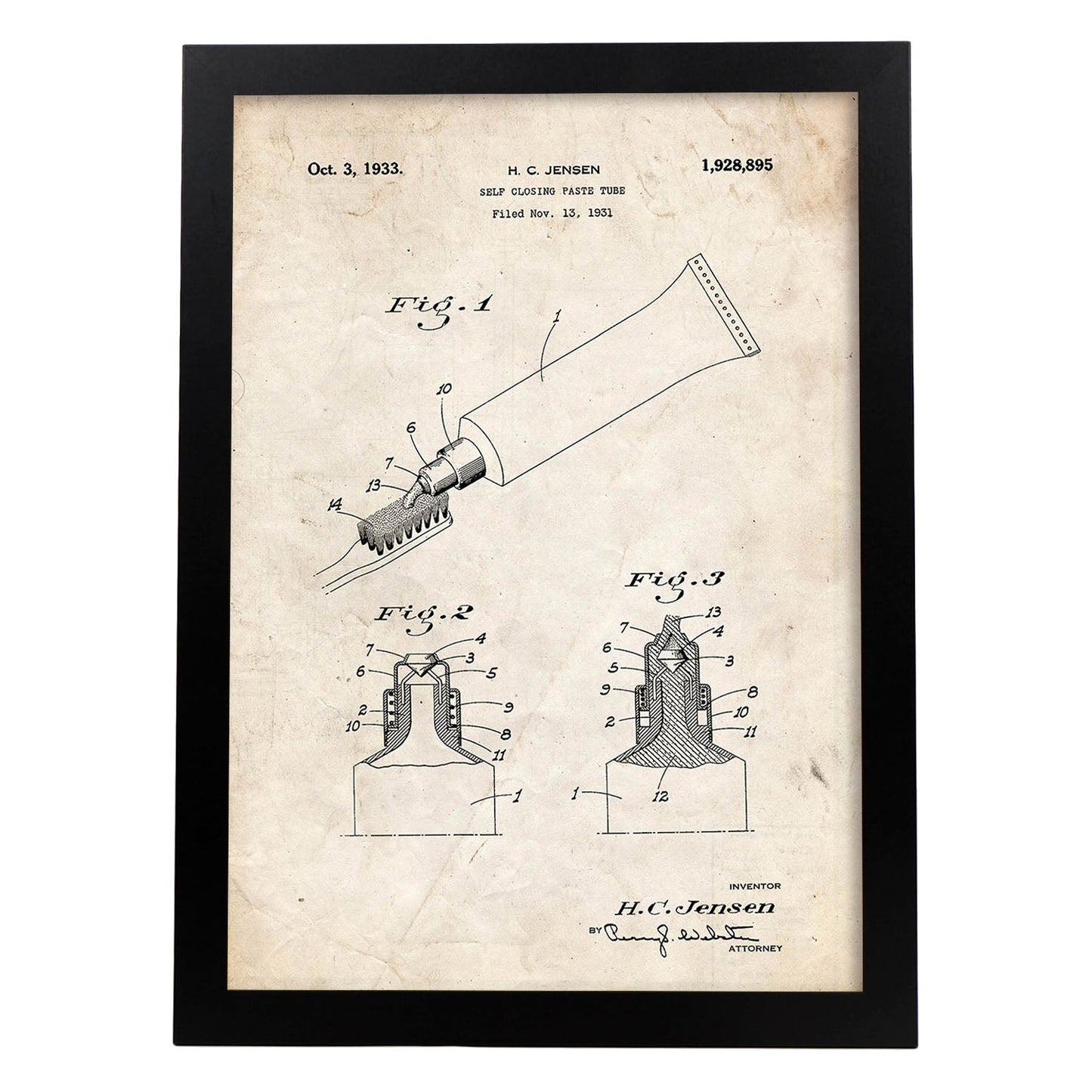Poster con patente de Pasta de dientes. Lámina con diseño de patente antigua.-Artwork-Nacnic-A4-Marco Negro-Nacnic Estudio SL