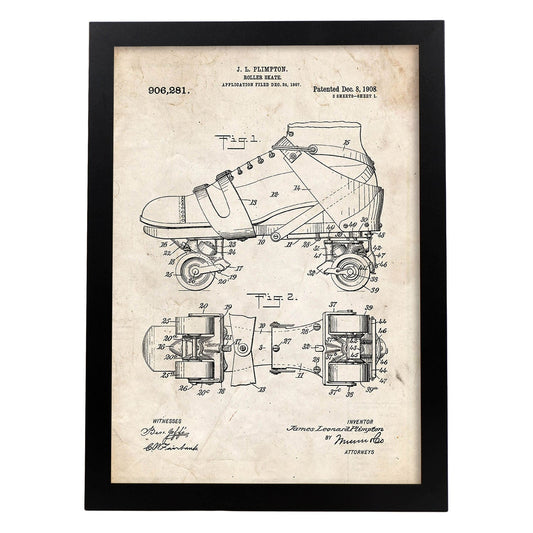 Poster con patente de Patines. Lámina con diseño de patente antigua.-Artwork-Nacnic-A4-Marco Negro-Nacnic Estudio SL