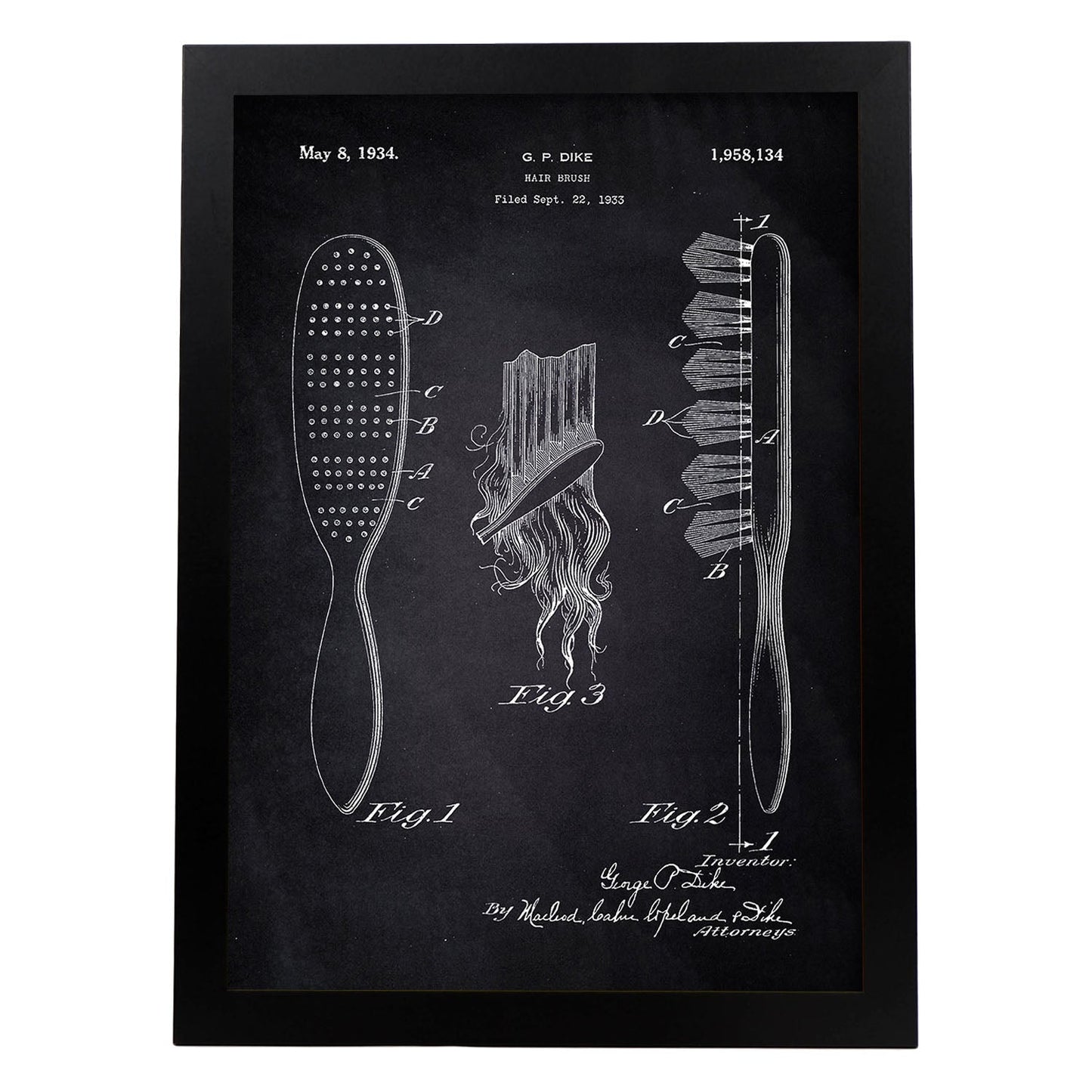 Poster con patente de Peine. Lámina con diseño de patente antigua-Artwork-Nacnic-A4-Marco Negro-Nacnic Estudio SL