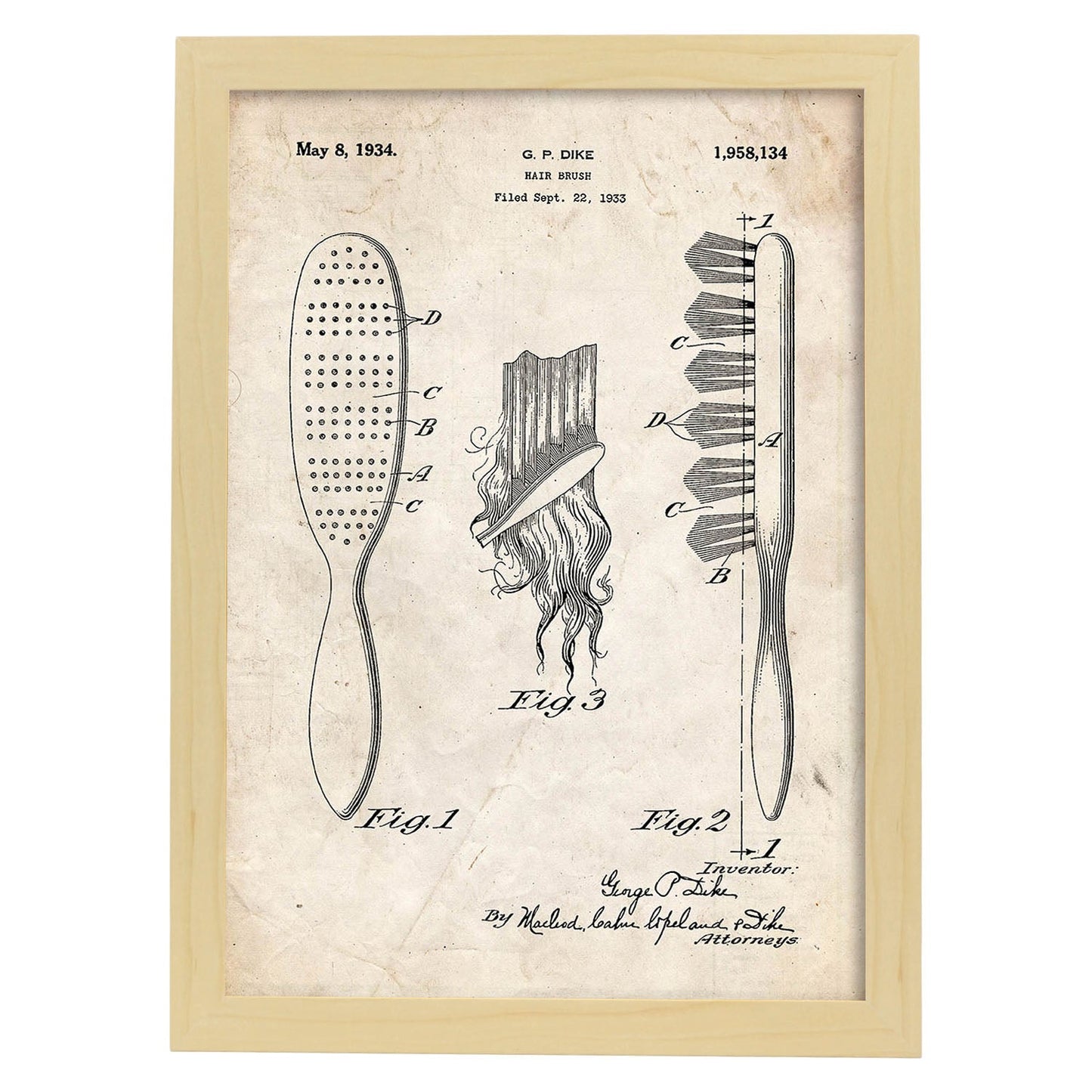 Poster con patente de Peine. Lámina con diseño de patente antigua.-Artwork-Nacnic-A4-Marco Madera clara-Nacnic Estudio SL