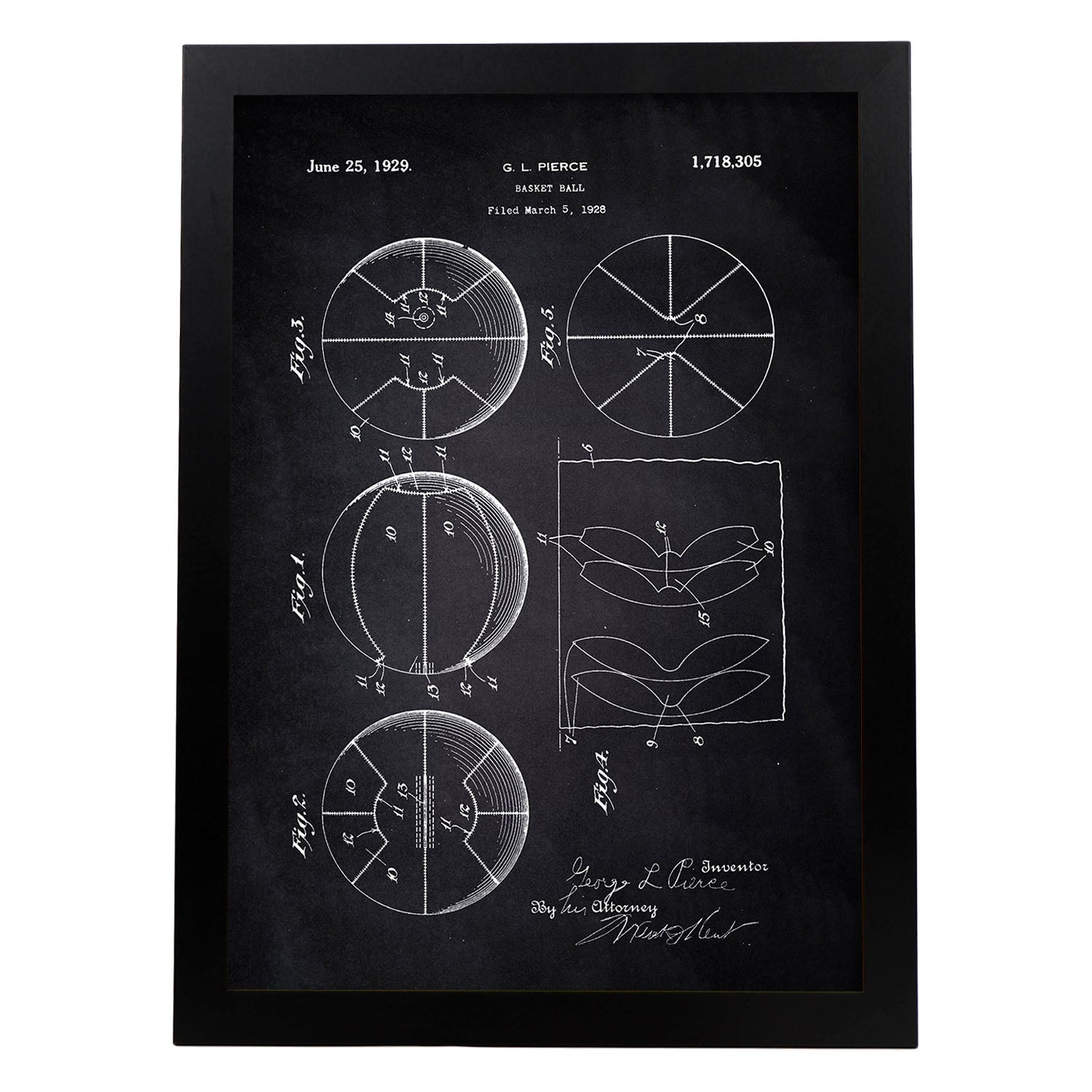Poster con patente de Pelota baloncesto. Lámina con diseño de patente antigua-Artwork-Nacnic-A3-Marco Negro-Nacnic Estudio SL