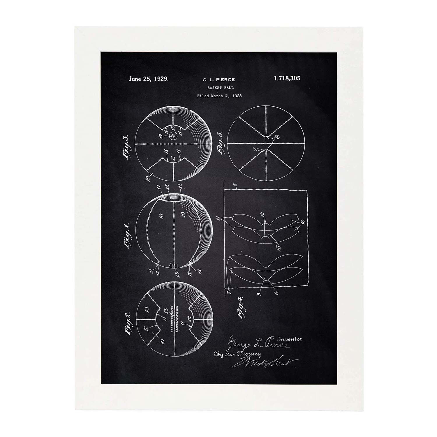 Poster con patente de Pelota baloncesto. Lámina con diseño de patente antigua-Artwork-Nacnic-A4-Marco Blanco-Nacnic Estudio SL