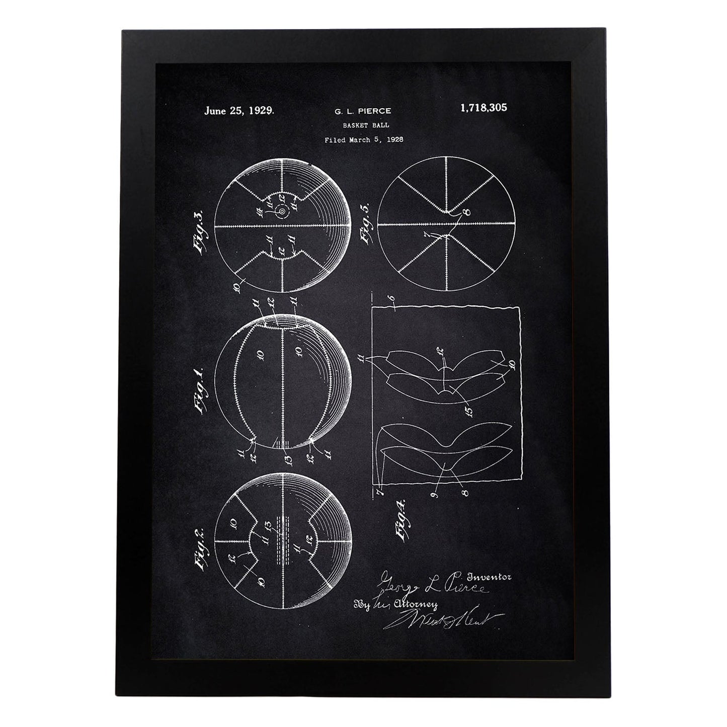 Poster con patente de Pelota baloncesto. Lámina con diseño de patente antigua-Artwork-Nacnic-A4-Marco Negro-Nacnic Estudio SL
