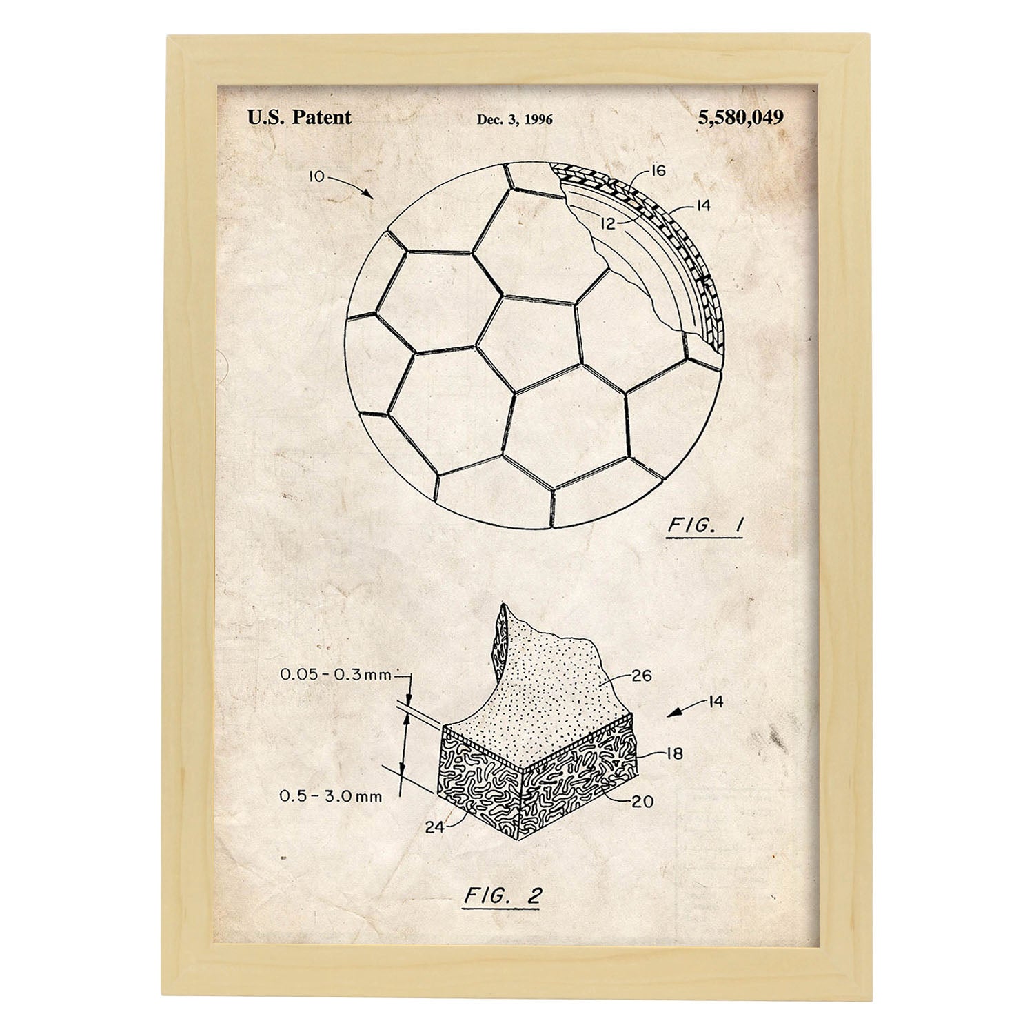 Poster con patente de Pelota de futbol. Lámina con diseño de patente antigua.-Artwork-Nacnic-A3-Marco Madera clara-Nacnic Estudio SL