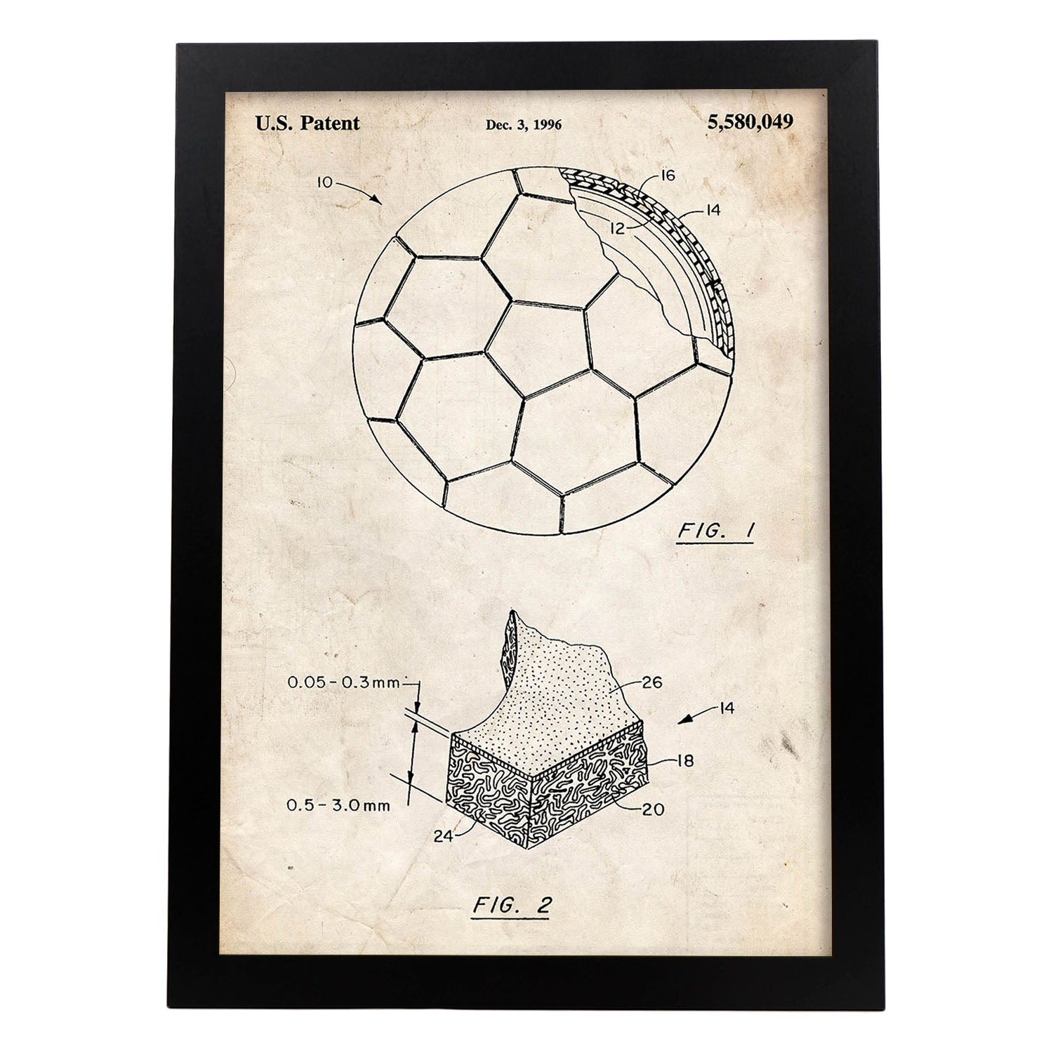 Poster con patente de Pelota de futbol. Lámina con diseño de patente antigua.-Artwork-Nacnic-A3-Marco Negro-Nacnic Estudio SL