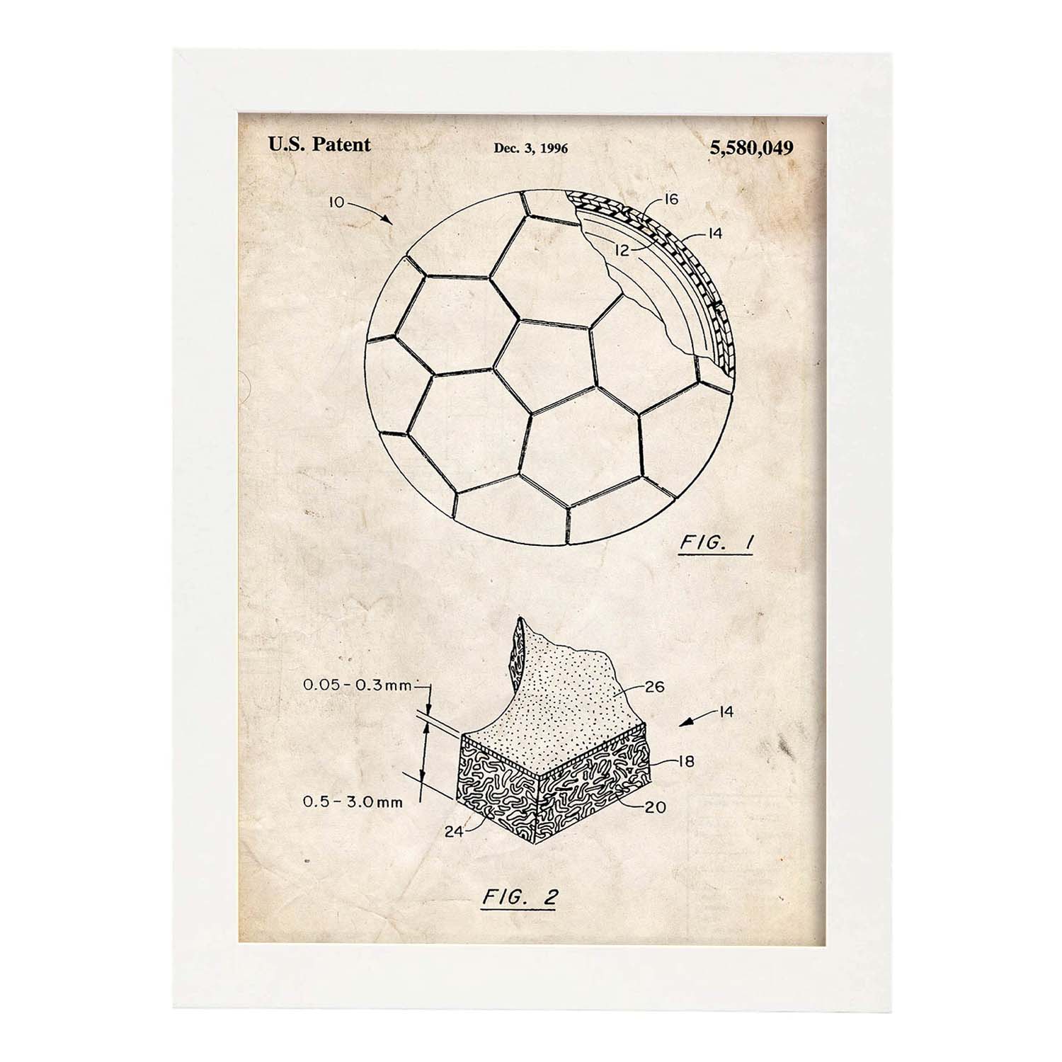 Poster con patente de Pelota de futbol. Lámina con diseño de patente antigua.-Artwork-Nacnic-A4-Marco Blanco-Nacnic Estudio SL