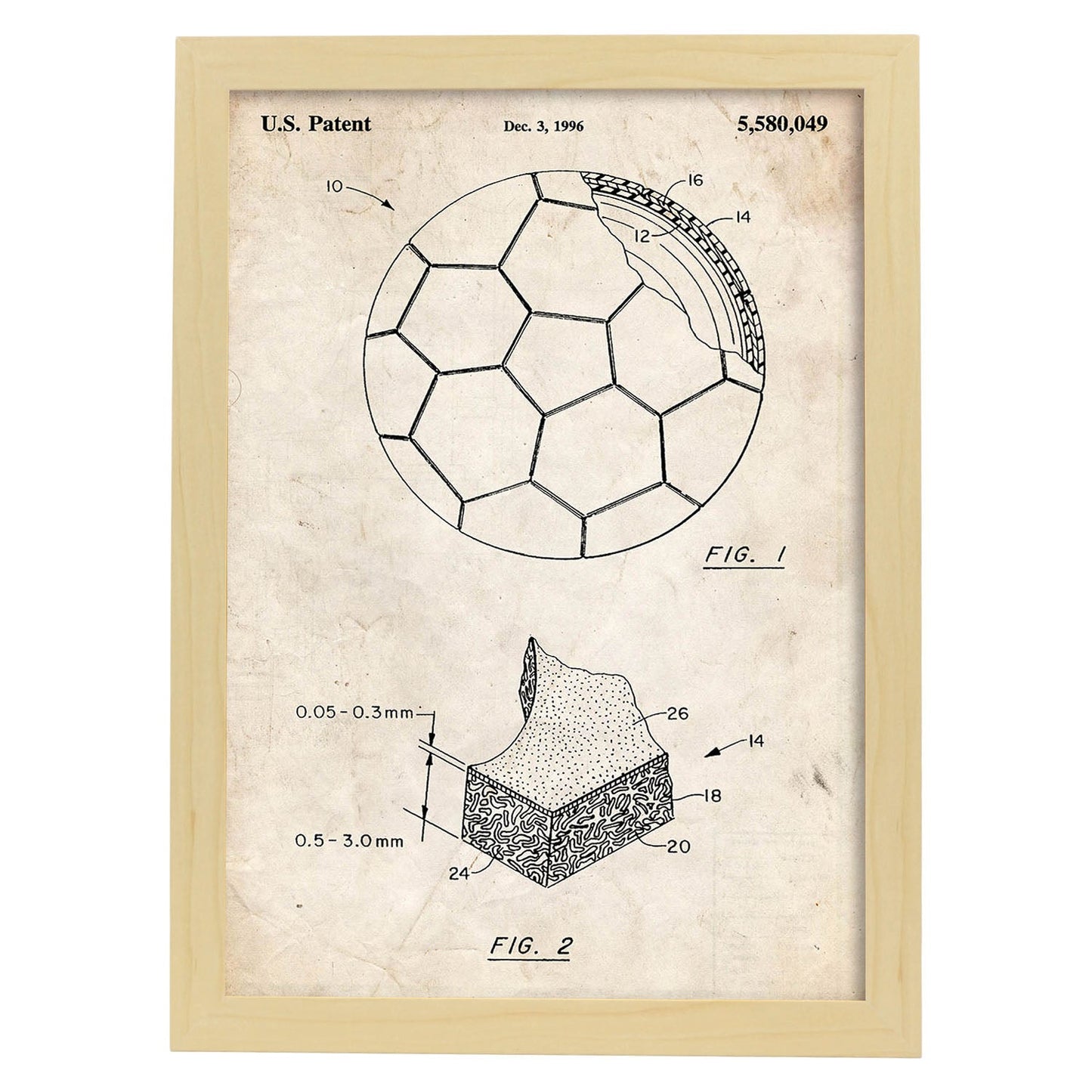 Poster con patente de Pelota de futbol. Lámina con diseño de patente antigua.-Artwork-Nacnic-A4-Marco Madera clara-Nacnic Estudio SL