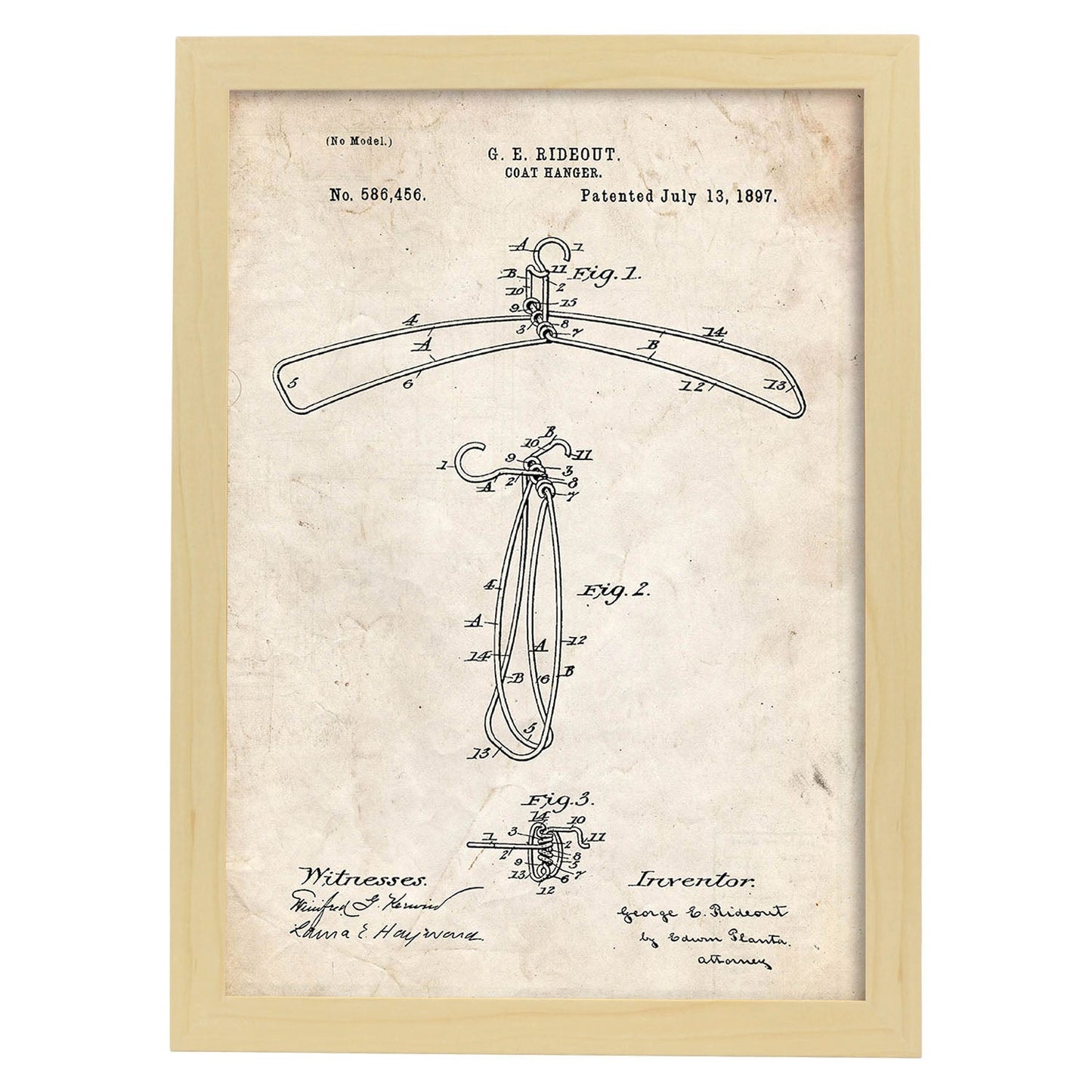 Poster con patente de Percha. Lámina con diseño de patente antigua.-Artwork-Nacnic-A3-Marco Madera clara-Nacnic Estudio SL
