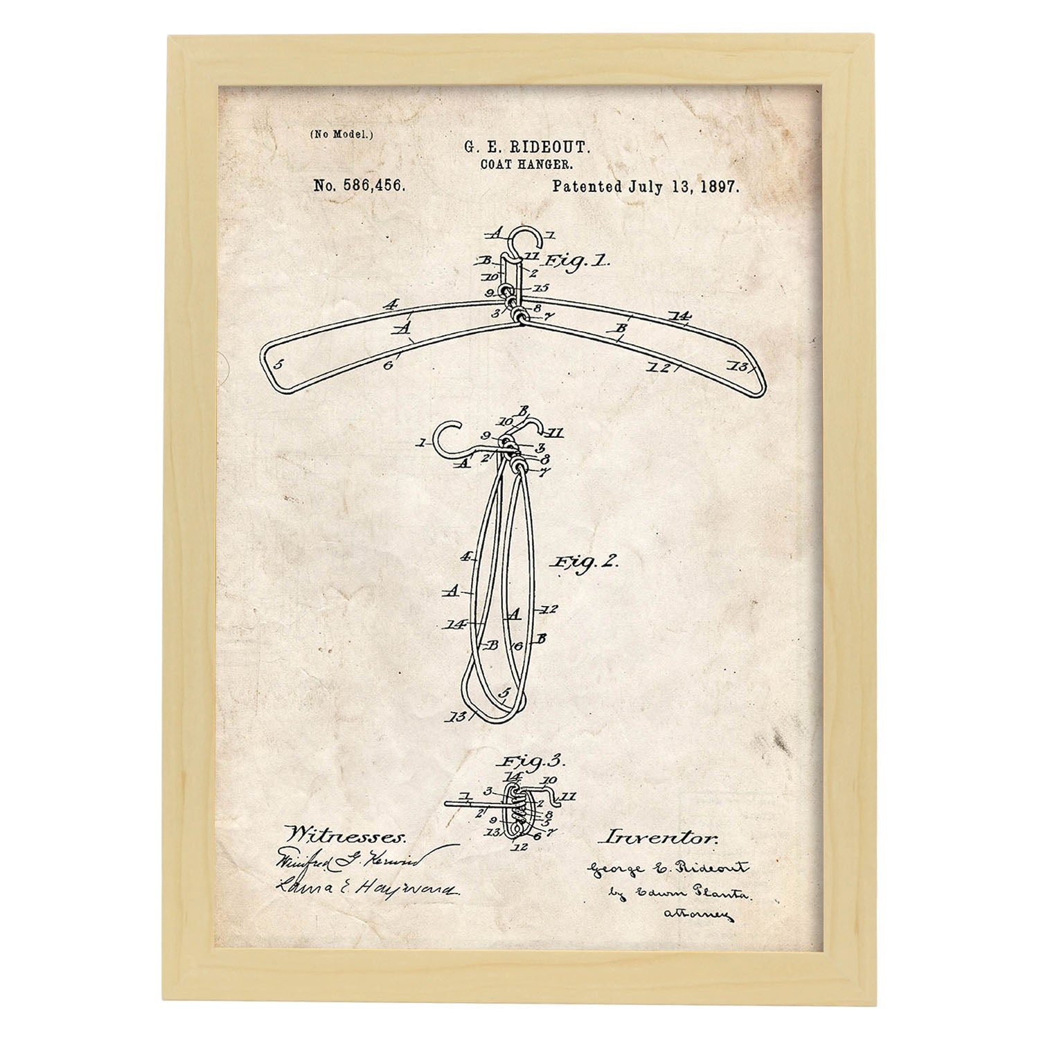 Poster con patente de Percha. Lámina con diseño de patente antigua.-Artwork-Nacnic-A3-Marco Madera clara-Nacnic Estudio SL