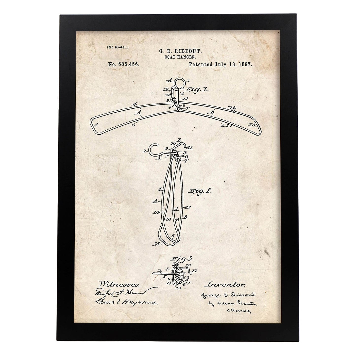 Poster con patente de Percha. Lámina con diseño de patente antigua.-Artwork-Nacnic-A3-Marco Negro-Nacnic Estudio SL