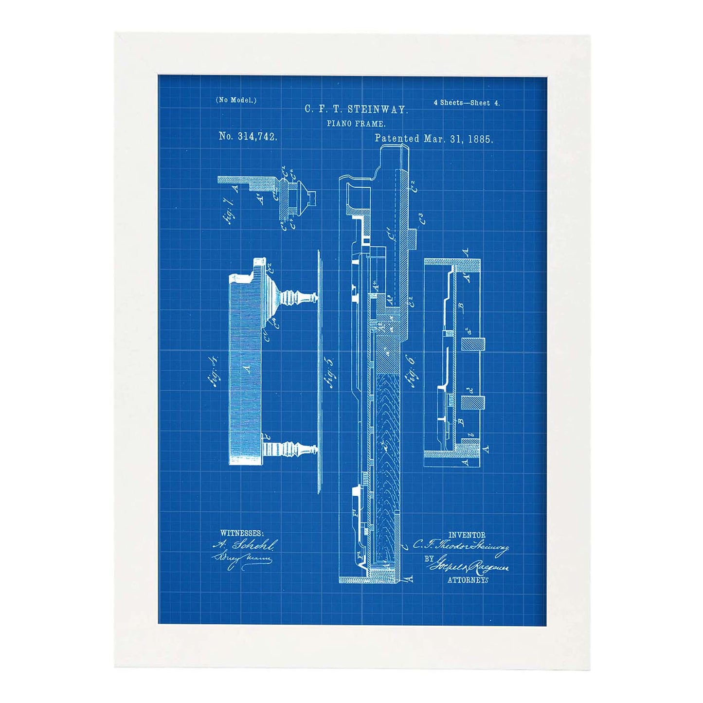 Poster con patente de Piano 3. Lámina con diseño de patente antigua-Artwork-Nacnic-A3-Marco Blanco-Nacnic Estudio SL
