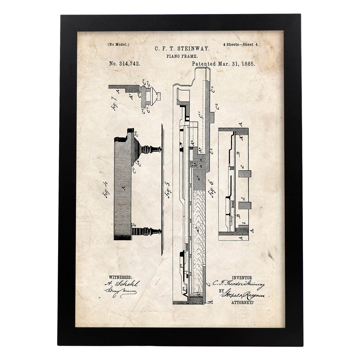 Poster con patente de Piano 3. Lámina con diseño de patente antigua.-Artwork-Nacnic-A3-Marco Negro-Nacnic Estudio SL