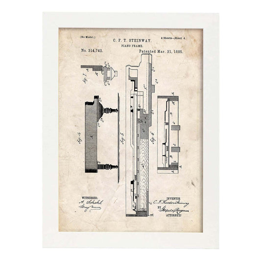 Poster con patente de Piano 3. Lámina con diseño de patente antigua.-Artwork-Nacnic-A4-Marco Blanco-Nacnic Estudio SL
