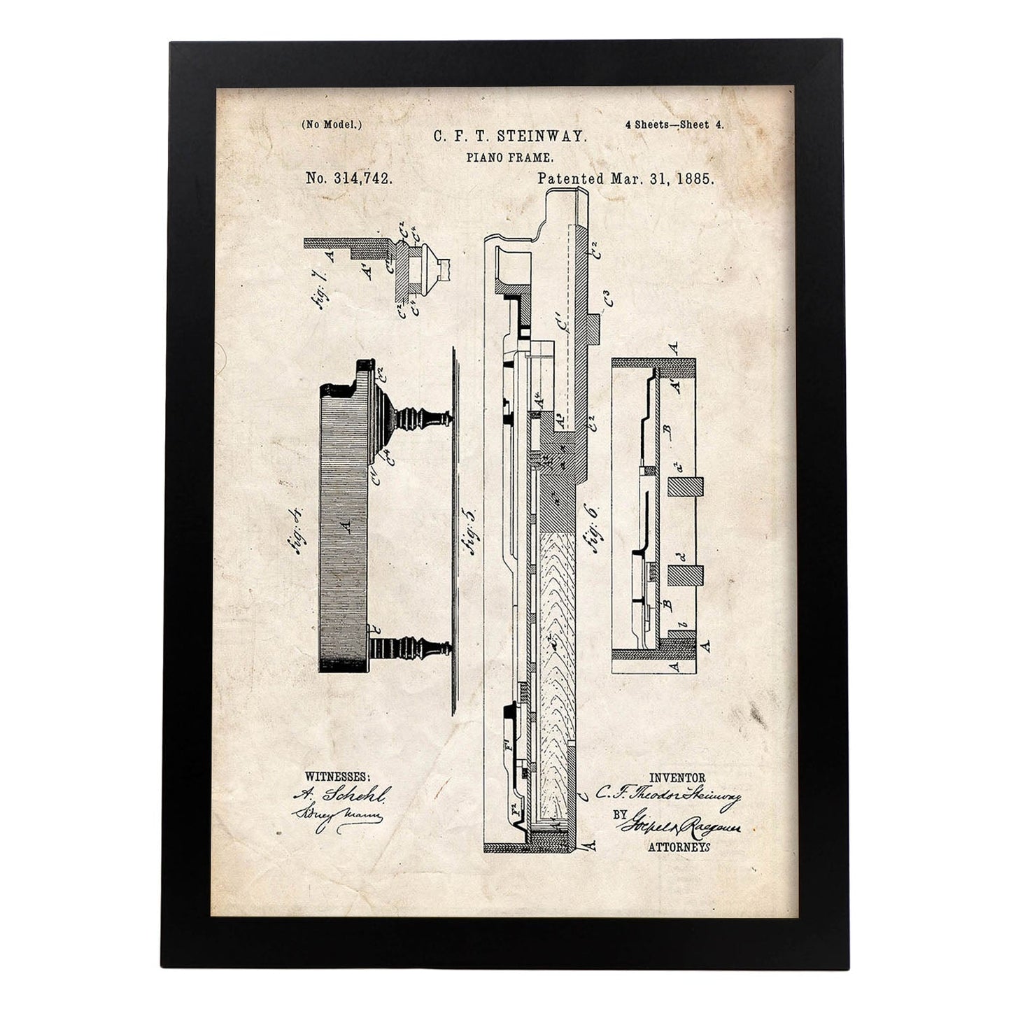 Poster con patente de Piano 3. Lámina con diseño de patente antigua.-Artwork-Nacnic-A4-Marco Negro-Nacnic Estudio SL