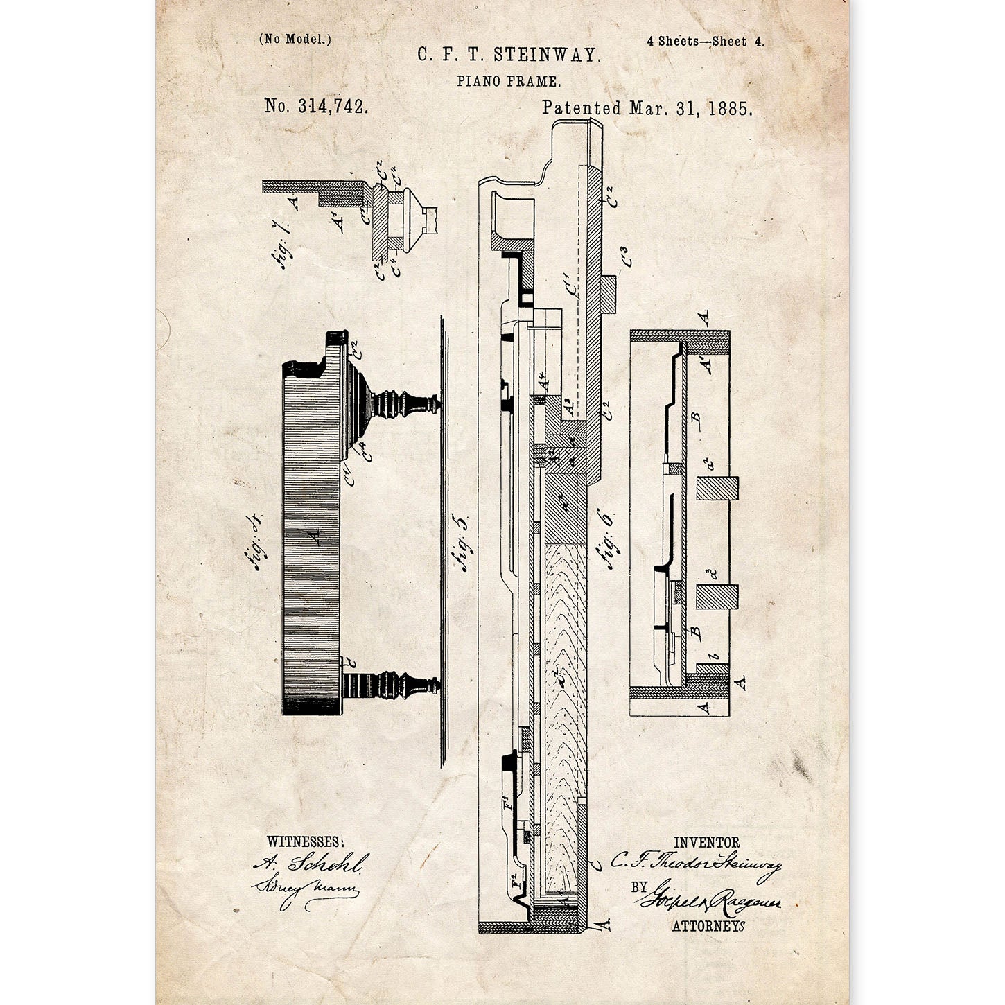 Poster con patente de Piano 3. Lámina con diseño de patente antigua.-Artwork-Nacnic-A4-Sin marco-Nacnic Estudio SL