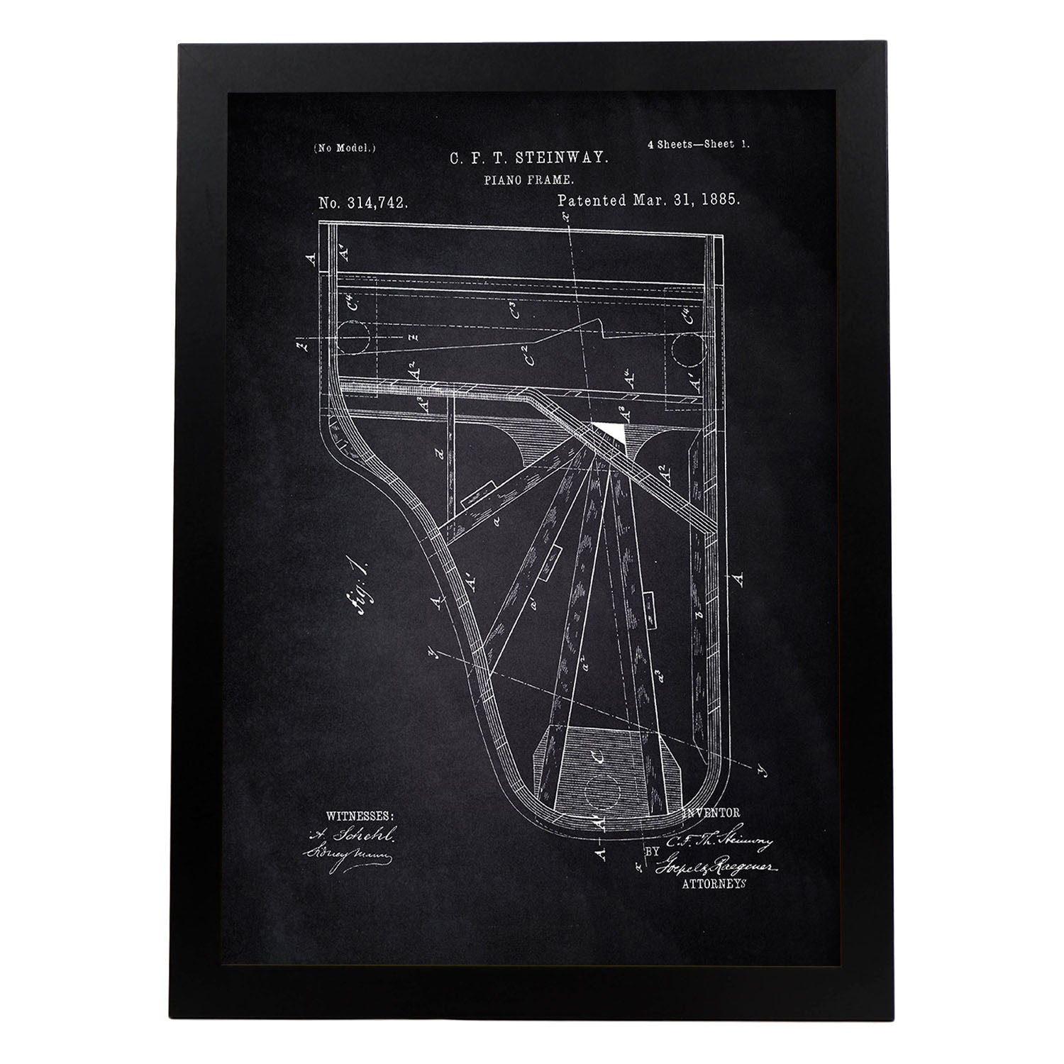 Poster con patente de Piano. Lámina con diseño de patente antigua-Artwork-Nacnic-A3-Marco Negro-Nacnic Estudio SL