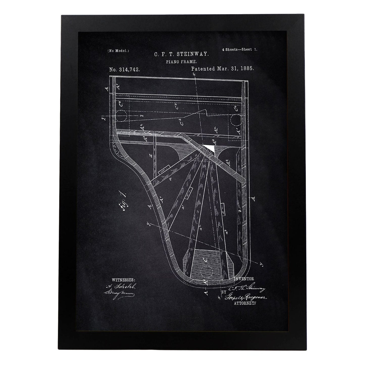 Poster con patente de Piano. Lámina con diseño de patente antigua-Artwork-Nacnic-A4-Marco Negro-Nacnic Estudio SL